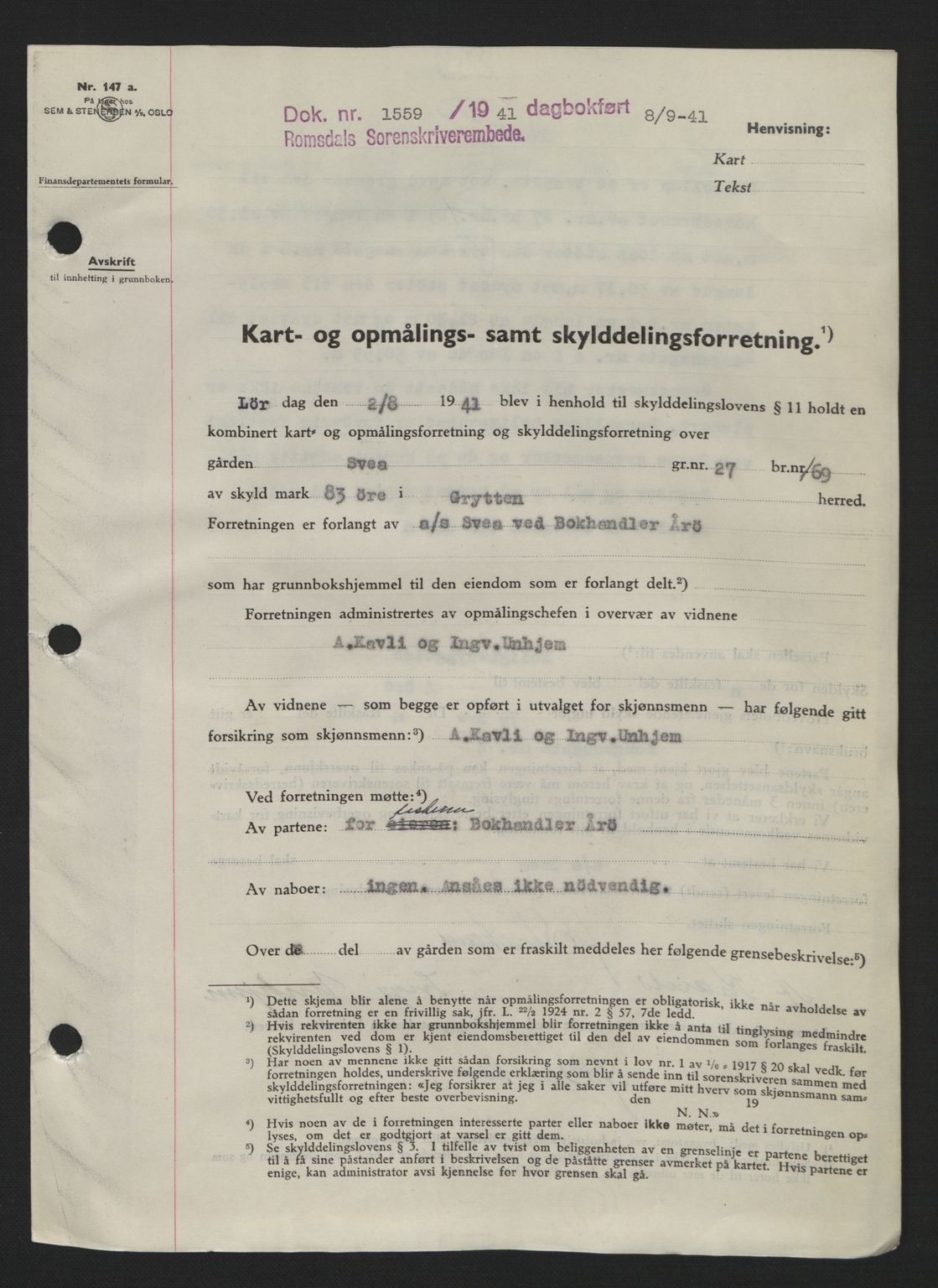 Romsdal sorenskriveri, AV/SAT-A-4149/1/2/2C: Mortgage book no. A10, 1941-1941, Diary no: : 1559/1941