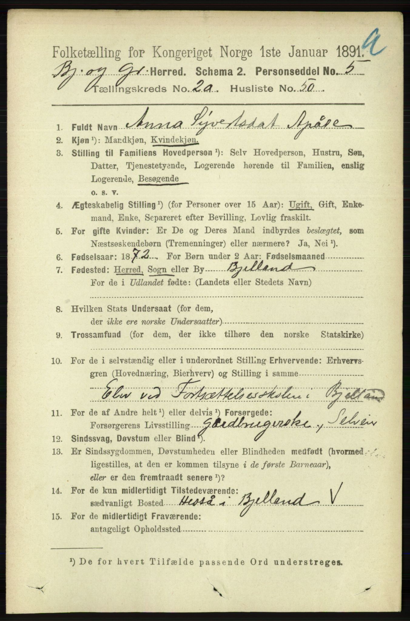 RA, 1891 census for 1024 Bjelland og Grindheim, 1891, p. 1401