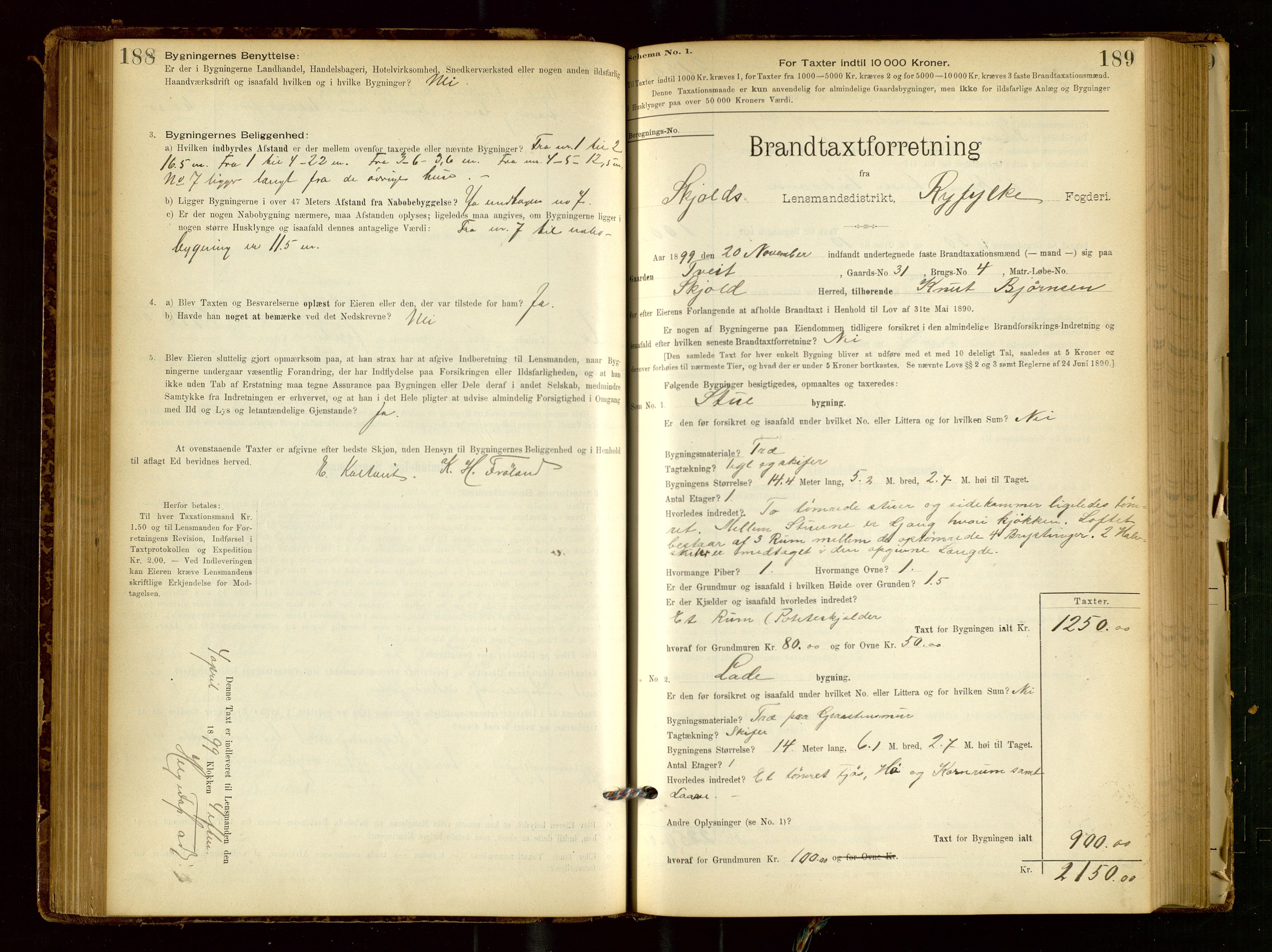 Skjold lensmannskontor, AV/SAST-A-100182/Gob/L0001: "Brandtaxationsprotokol for Skjold Lensmandsdistrikt Ryfylke Fogderi", 1894-1939, p. 188-189