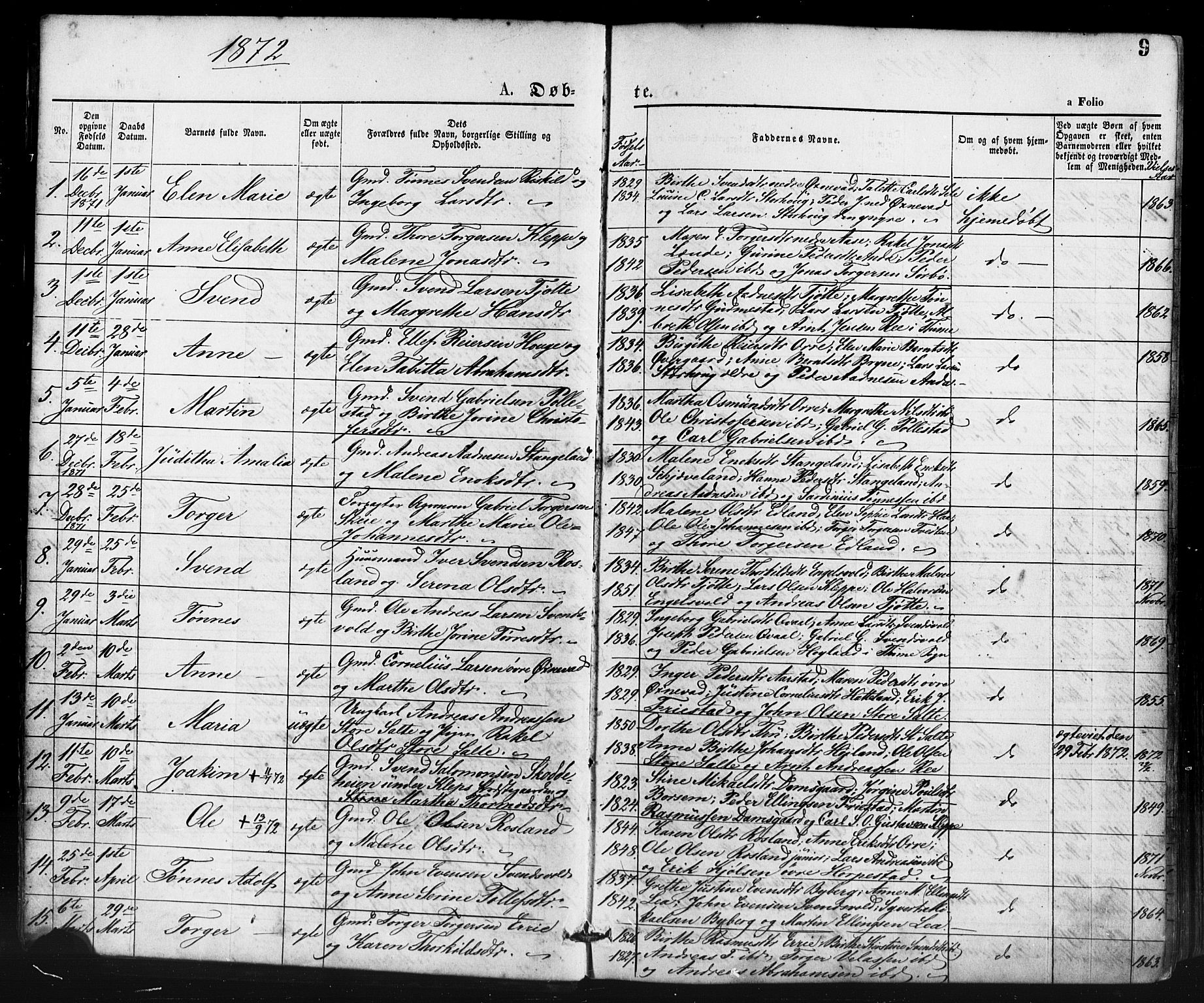 Klepp sokneprestkontor, SAST/A-101803/001/3/30BA/L0006: Parish register (official) no. A 6, 1871-1885, p. 9