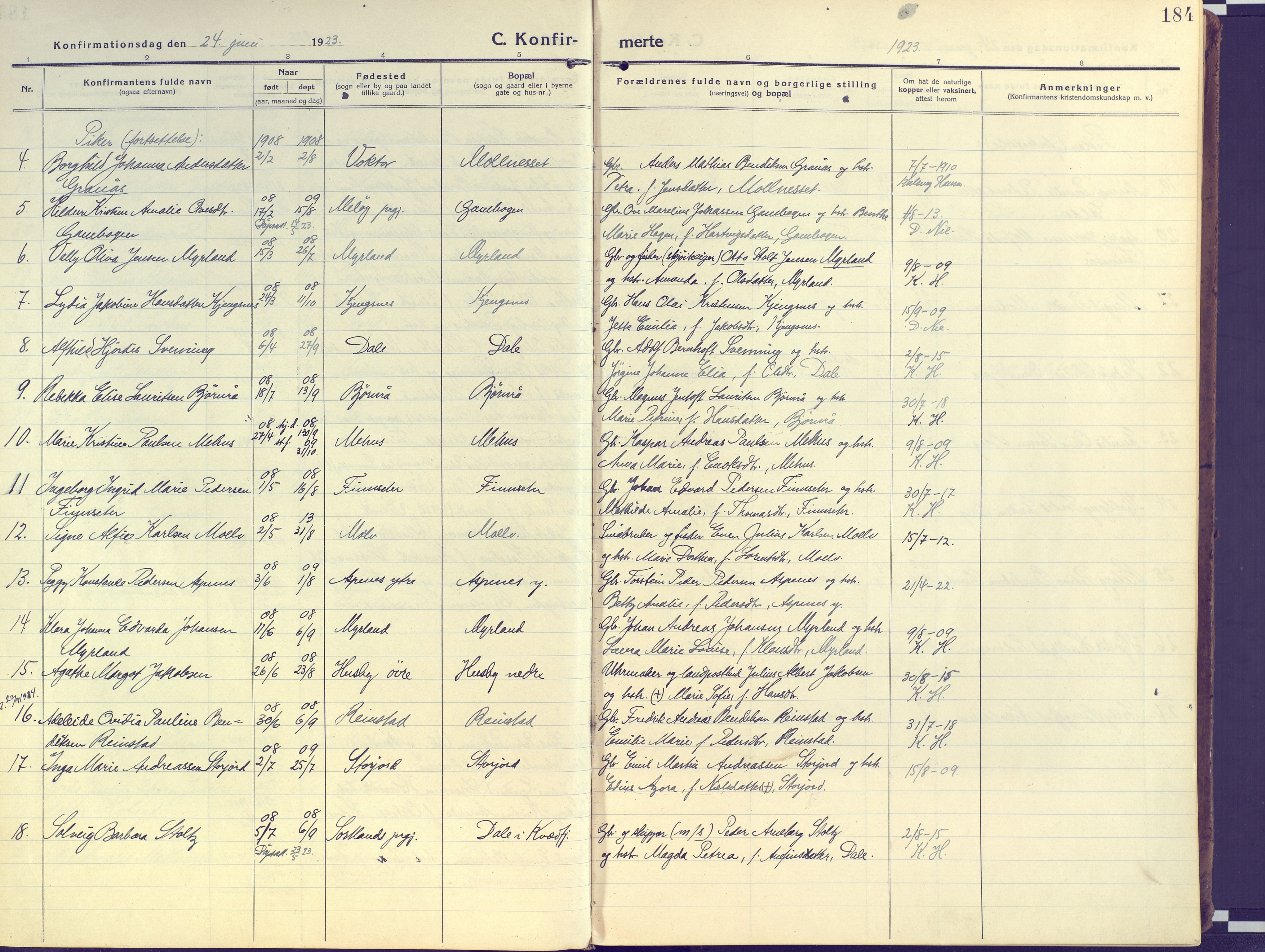 Kvæfjord sokneprestkontor, AV/SATØ-S-1323/G/Ga/Gaa/L0007kirke: Parish register (official) no. 7, 1915-1931, p. 184