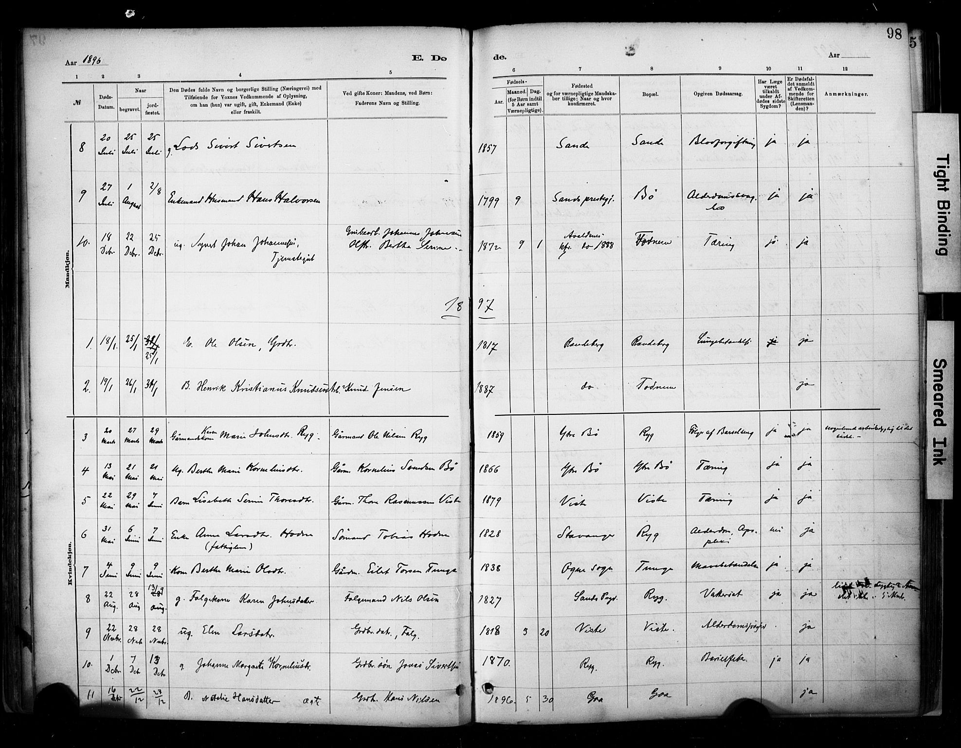 Hetland sokneprestkontor, SAST/A-101826/30/30BA/L0009: Parish register (official) no. A 9, 1882-1918, p. 98