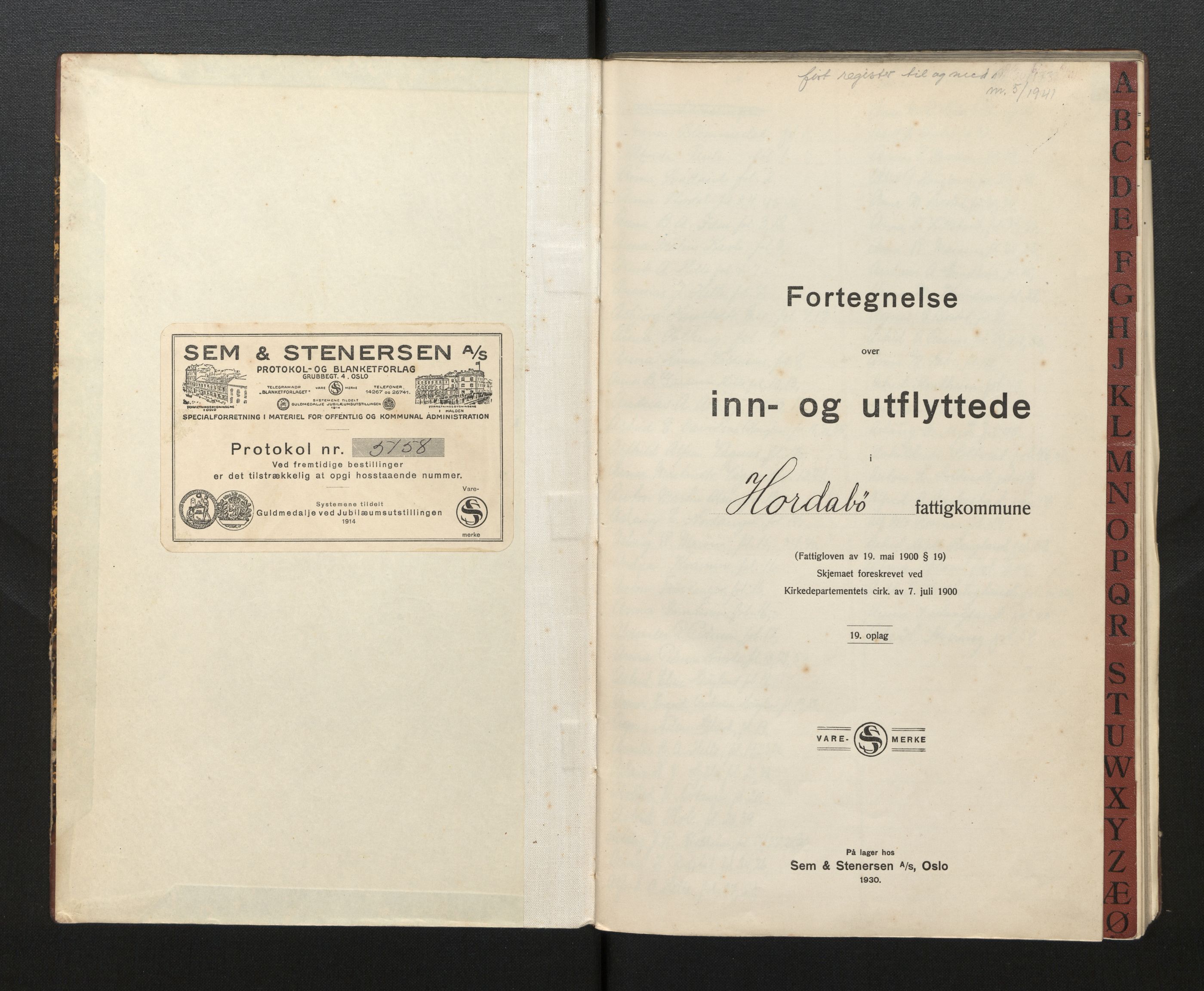 Lensmannen i Manger, AV/SAB-A-33701/0020/L0007: Protokoll over inn- og utflytte, Hordabø, 1931-1943