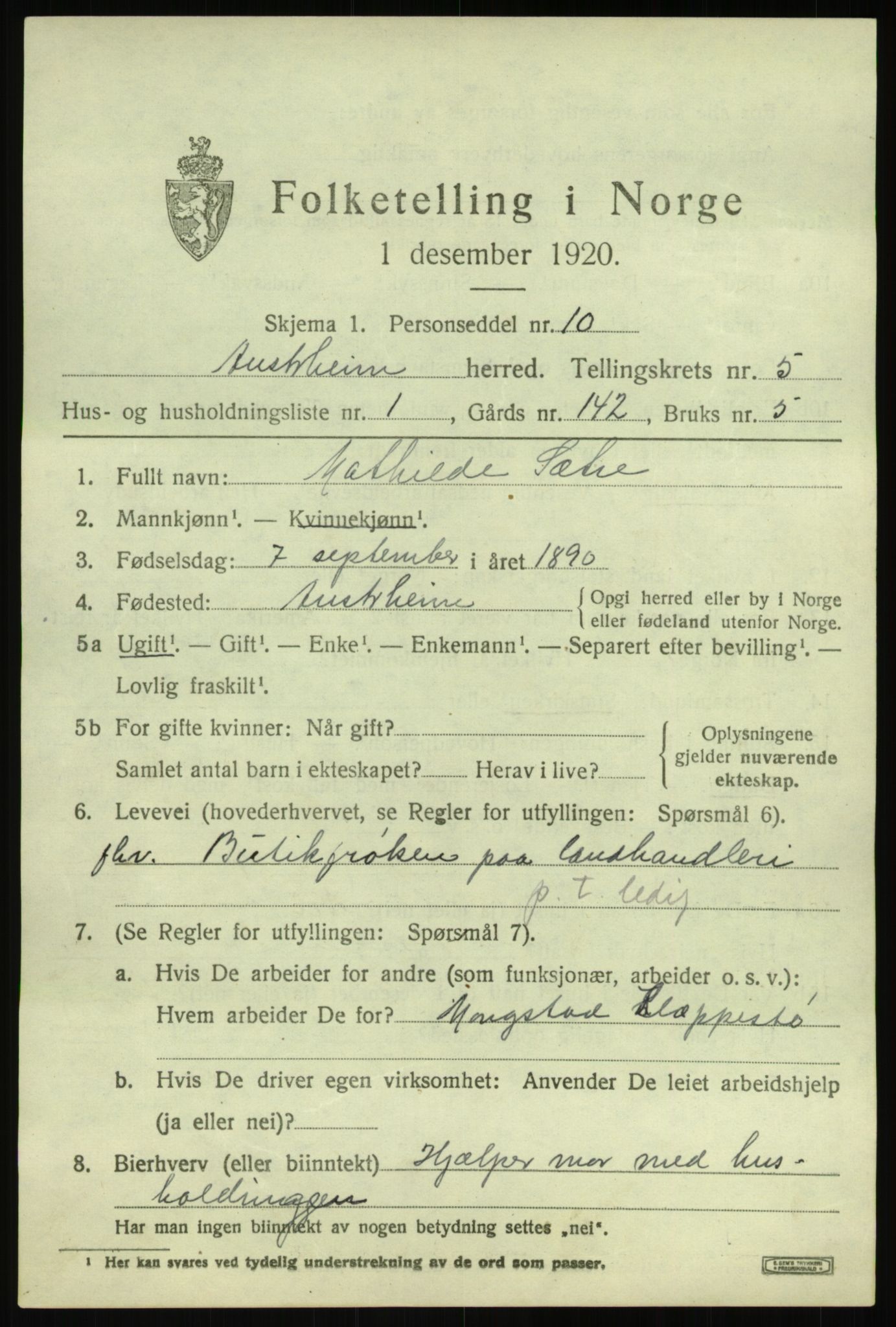 SAB, 1920 census for Austrheim, 1920, p. 2066