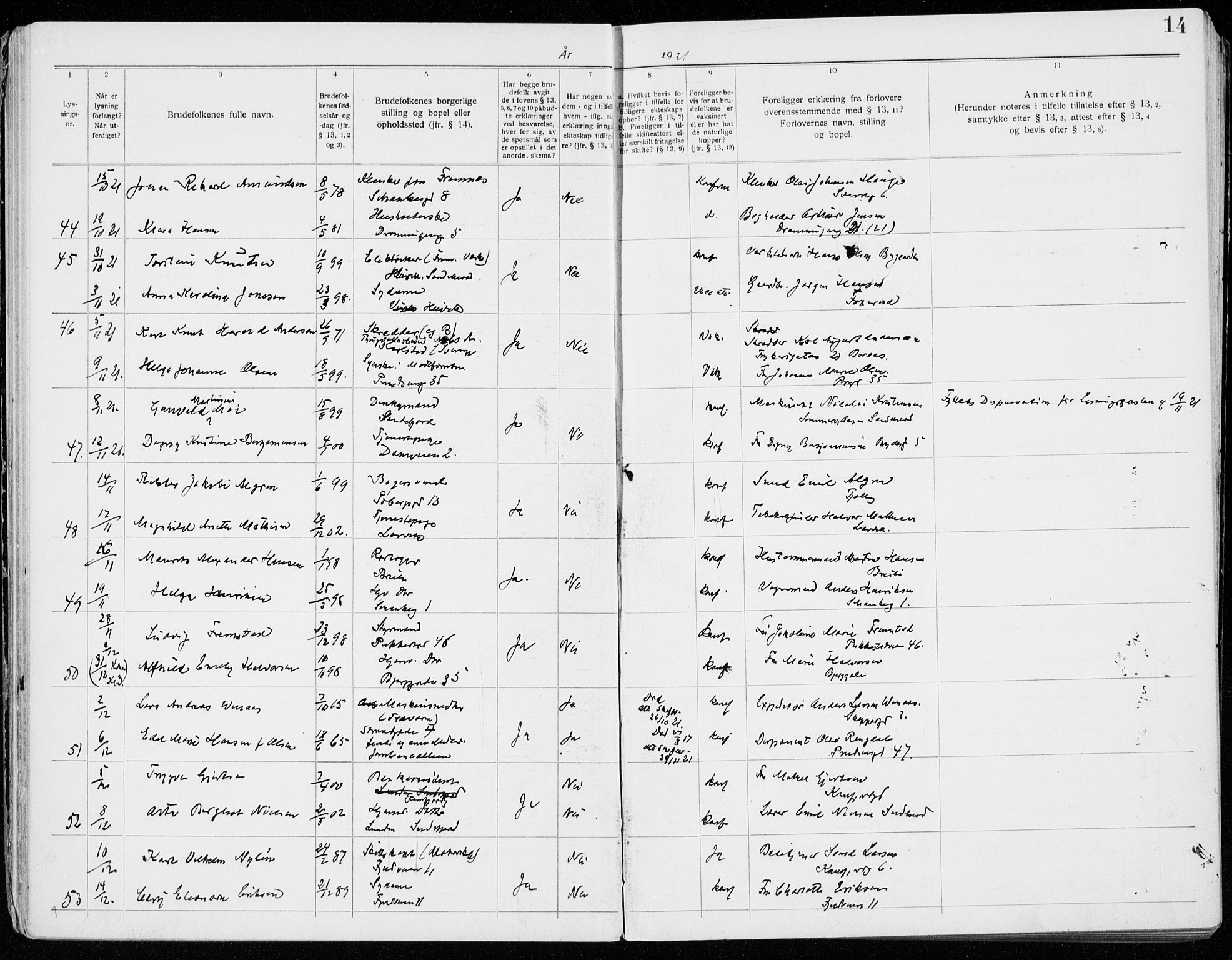 Sandefjord kirkebøker, AV/SAKO-A-315/H/Ha/L0001: Banns register no. 1, 1919-1939, p. 14