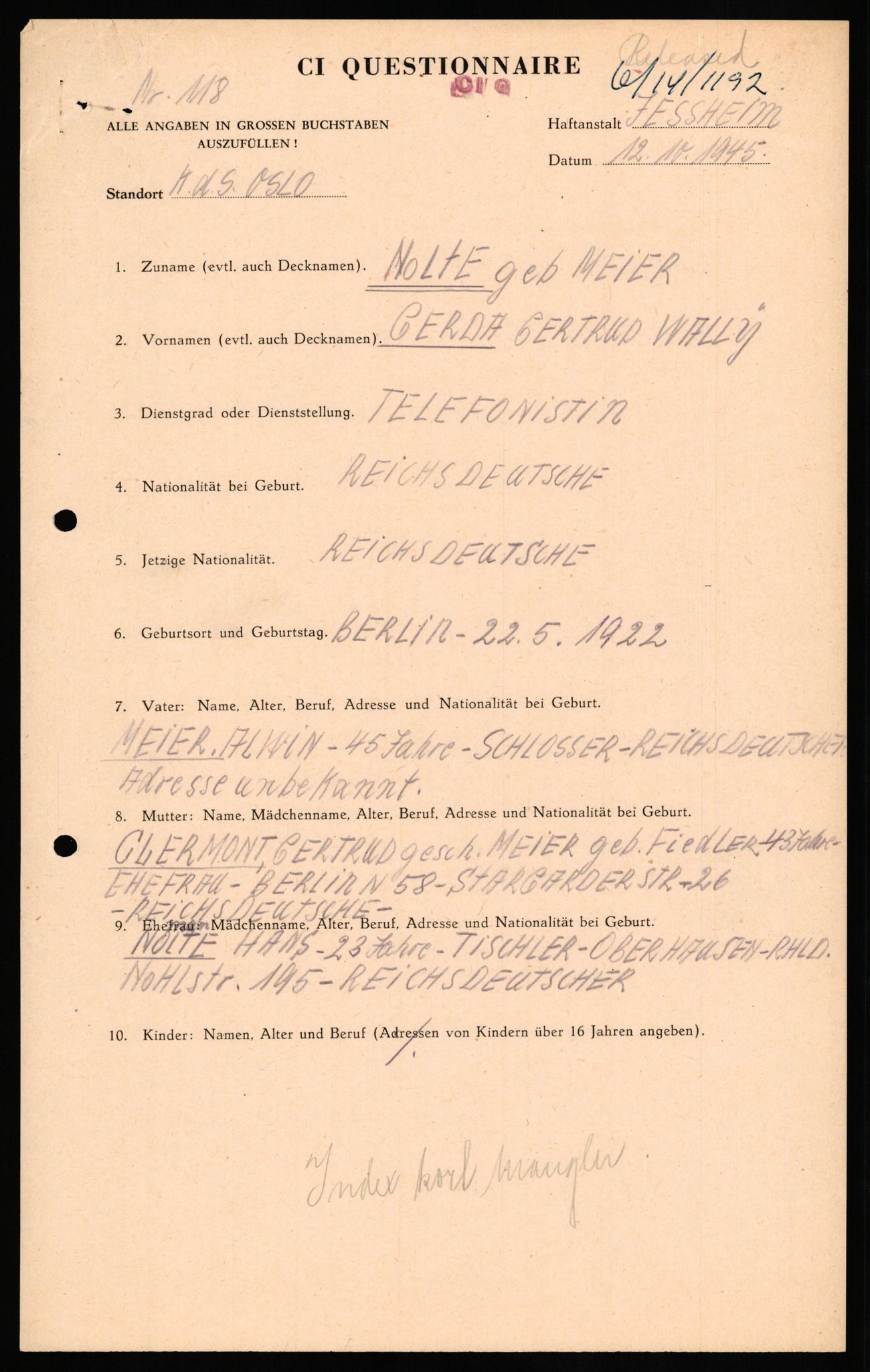 Forsvaret, Forsvarets overkommando II, AV/RA-RAFA-3915/D/Db/L0024: CI Questionaires. Tyske okkupasjonsstyrker i Norge. Tyskere., 1945-1946, p. 294