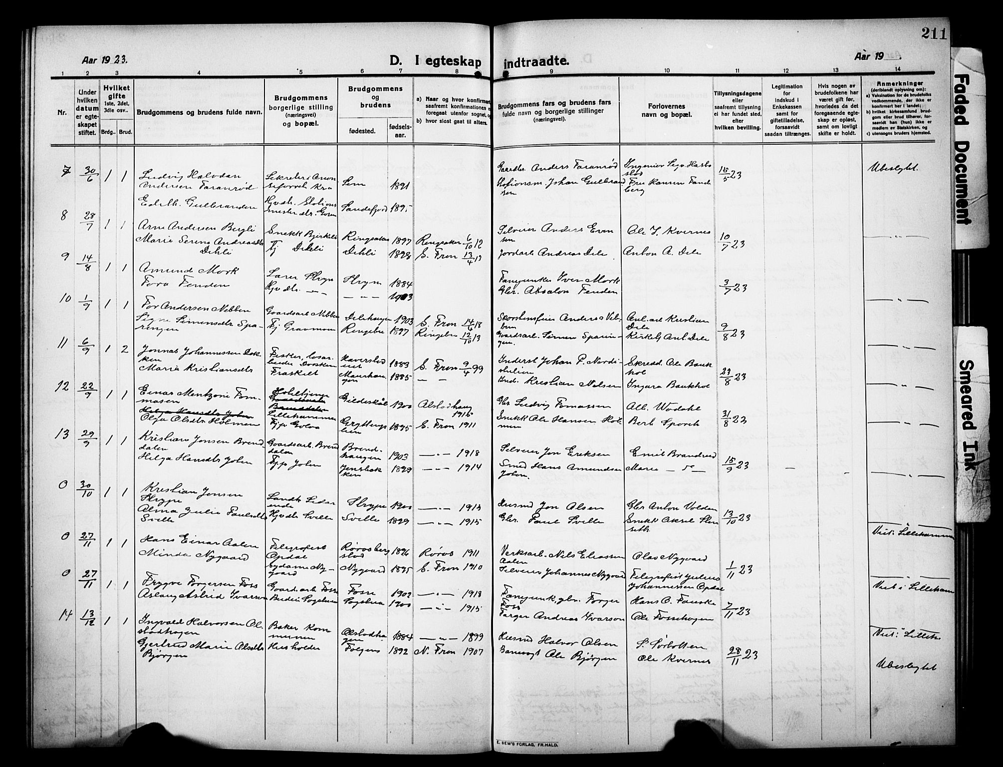 Sør-Fron prestekontor, SAH/PREST-010/H/Ha/Hab/L0005: Parish register (copy) no. 5, 1912-1930, p. 211