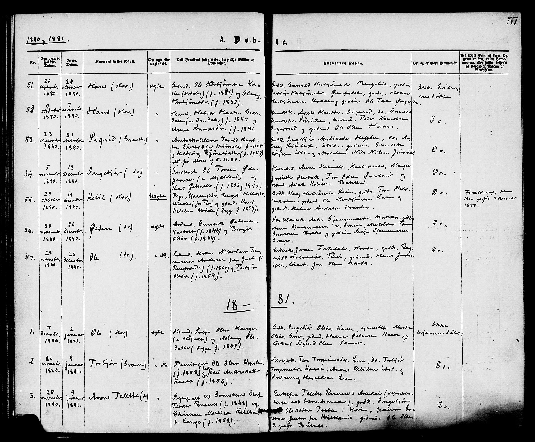 Gransherad kirkebøker, SAKO/A-267/F/Fa/L0004: Parish register (official) no. I 4, 1871-1886, p. 57