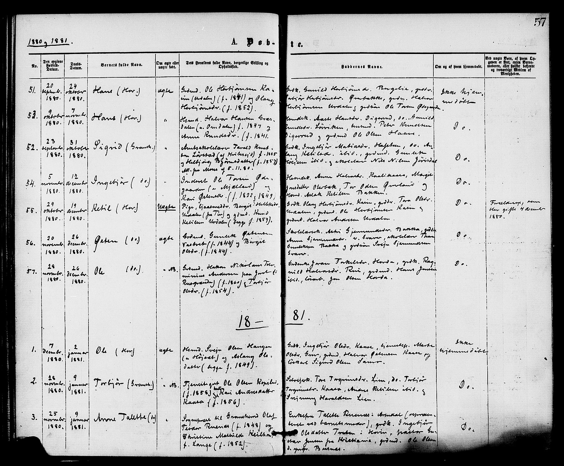 Gransherad kirkebøker, AV/SAKO-A-267/F/Fa/L0004: Parish register (official) no. I 4, 1871-1886, p. 57