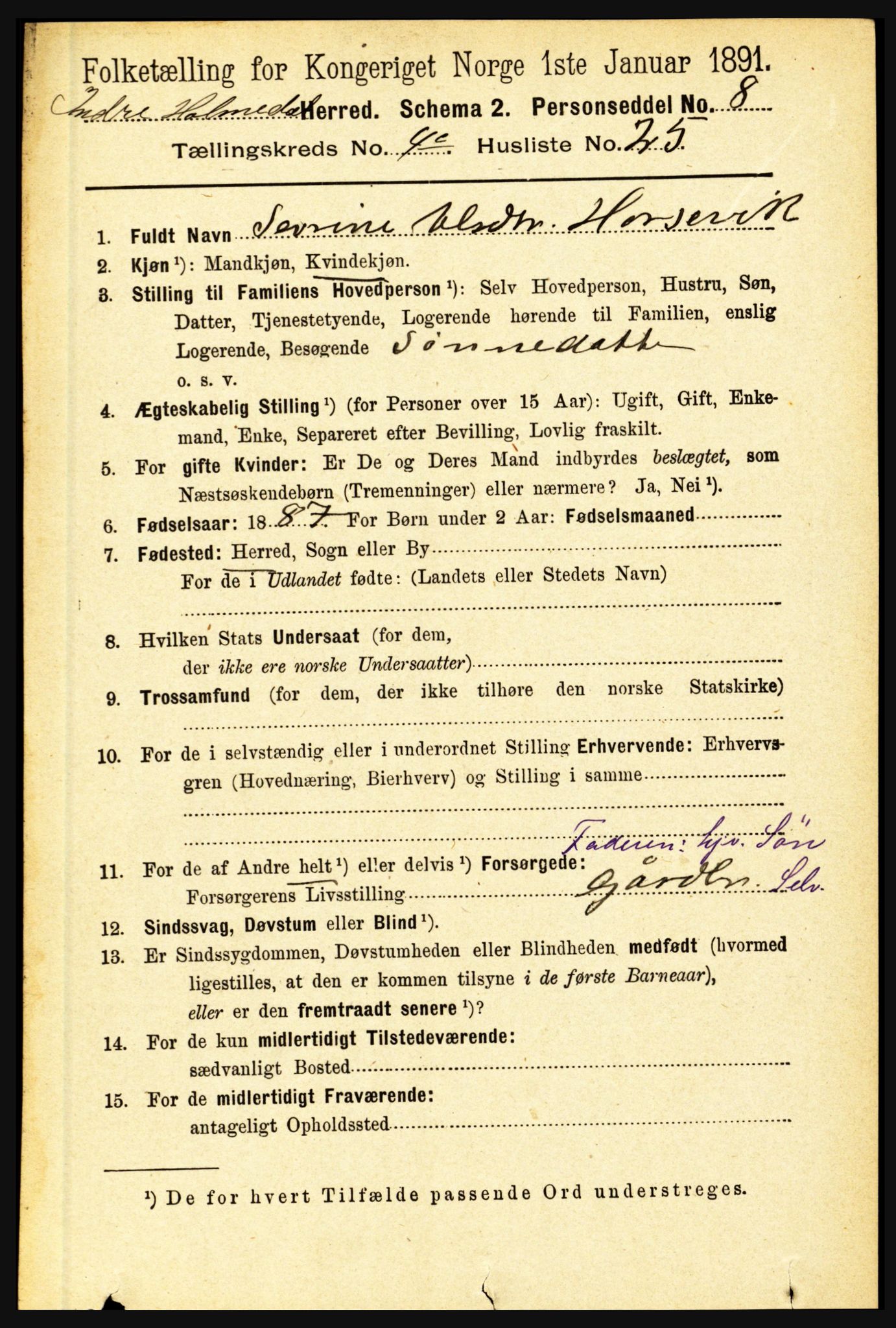 RA, 1891 census for 1430 Indre Holmedal, 1891, p. 1813