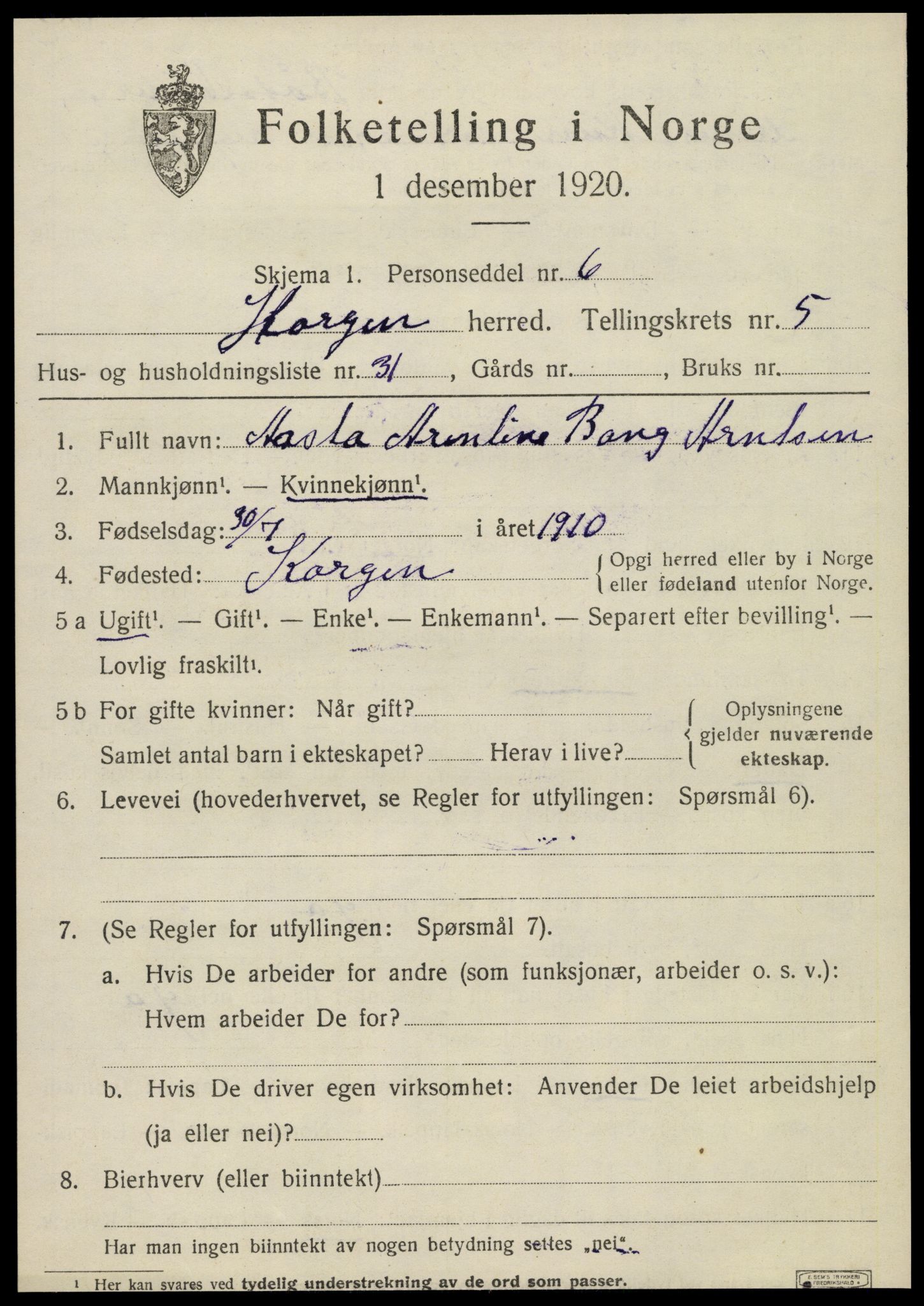 SAT, 1920 census for Korgen, 1920, p. 2398