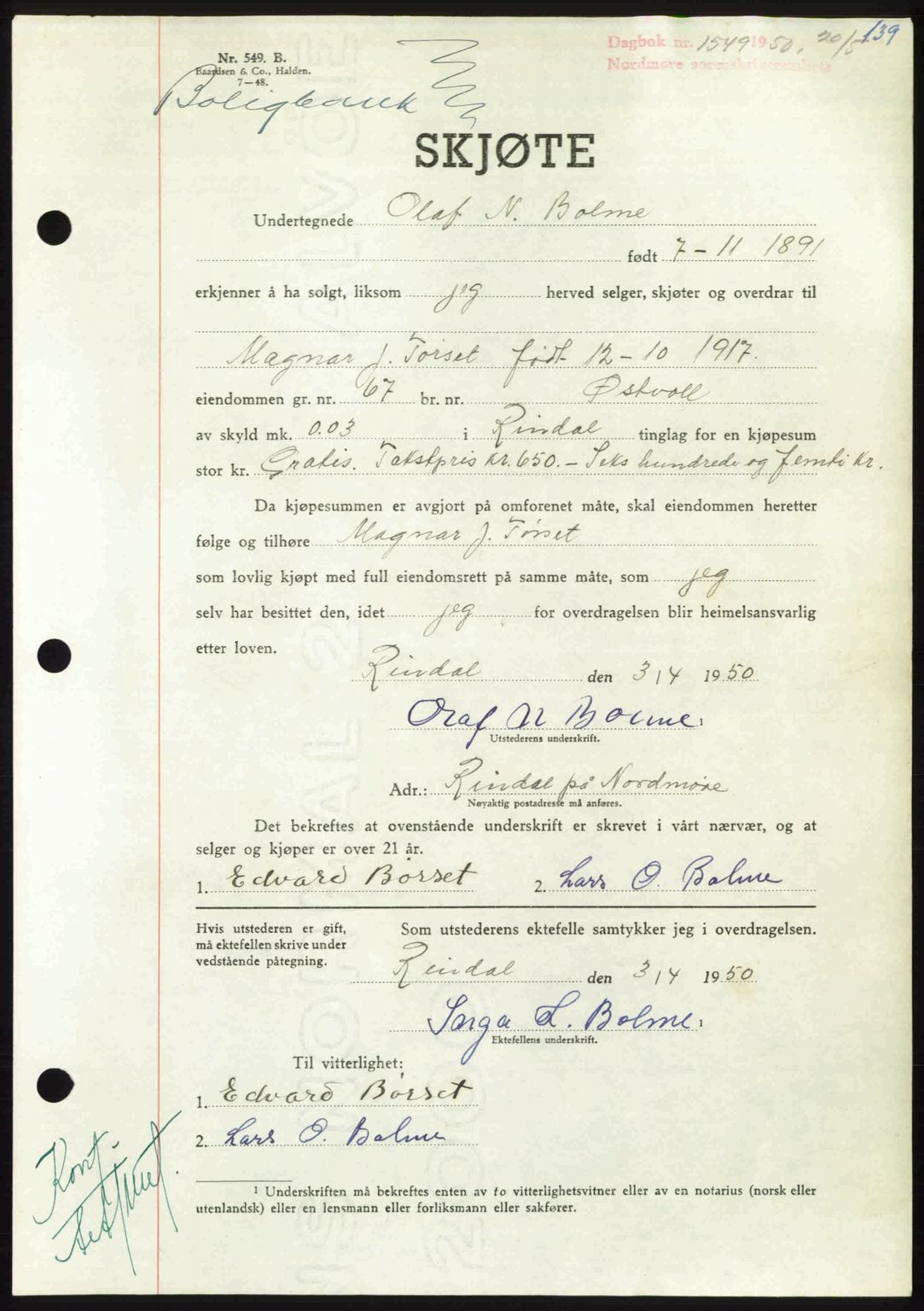 Nordmøre sorenskriveri, AV/SAT-A-4132/1/2/2Ca: Mortgage book no. A115, 1950-1950, Diary no: : 1549/1950