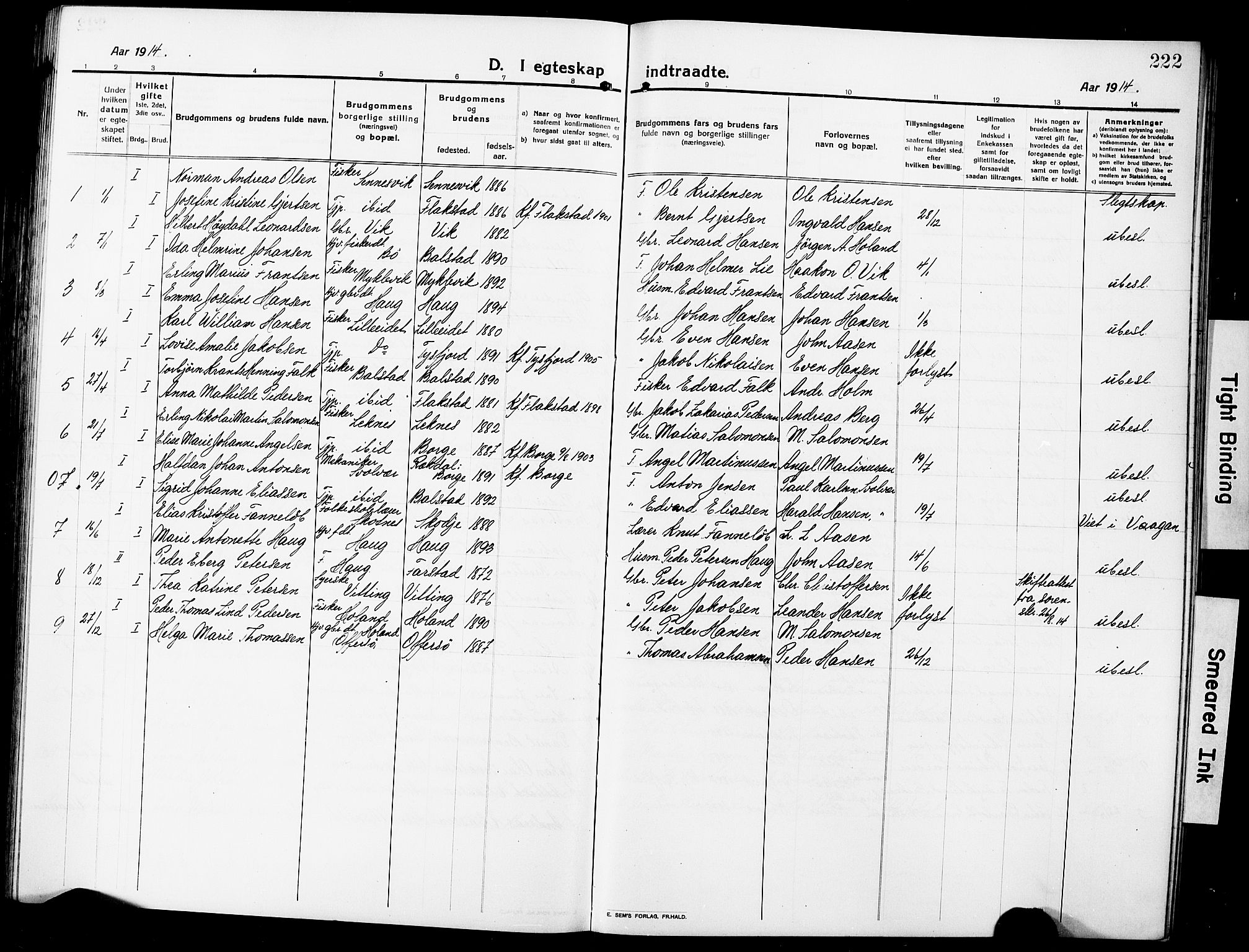 Ministerialprotokoller, klokkerbøker og fødselsregistre - Nordland, AV/SAT-A-1459/881/L1169: Parish register (copy) no. 881C06, 1912-1930, p. 222