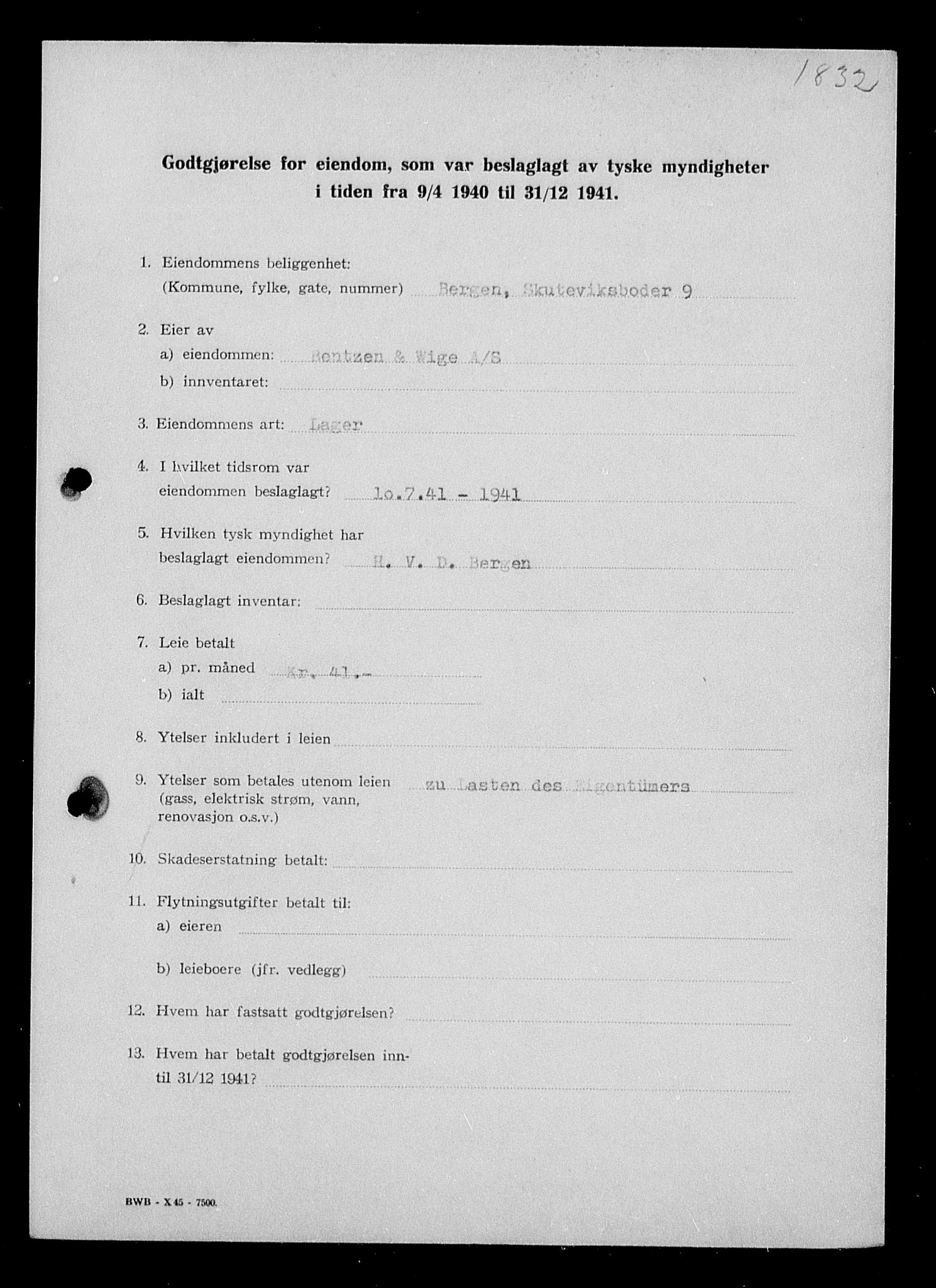 Justisdepartementet, Tilbakeføringskontoret for inndratte formuer, AV/RA-S-1564/I/L1016: Godtgjørelse for beslaglagt eiendom, 1940-1941, p. 12