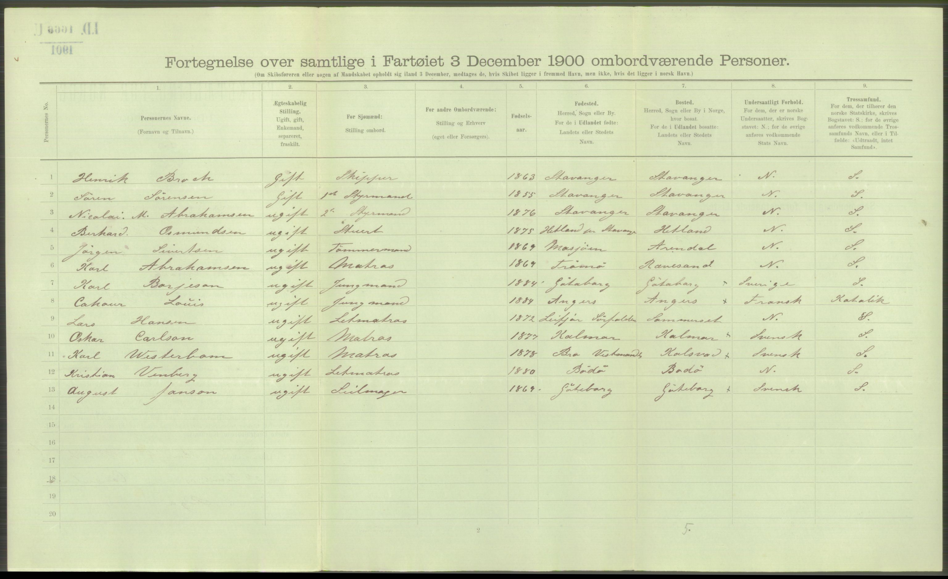 RA, 1900 Census - ship lists from ships in Norwegian harbours, harbours abroad and at sea, 1900, p. 3674