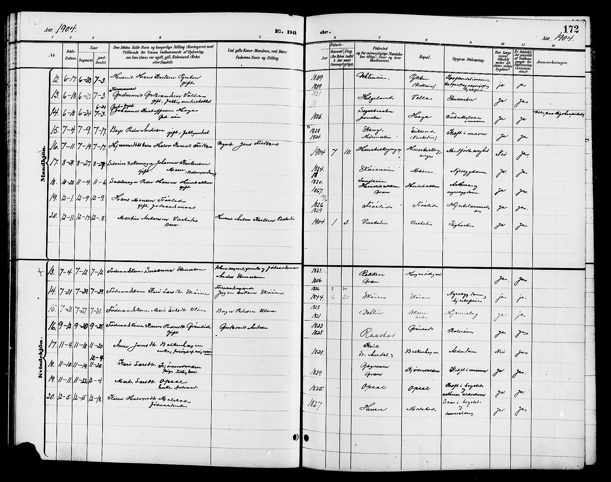 Jevnaker prestekontor, SAH/PREST-116/H/Ha/Hab/L0003: Parish register (copy) no. 3, 1896-1909, p. 172