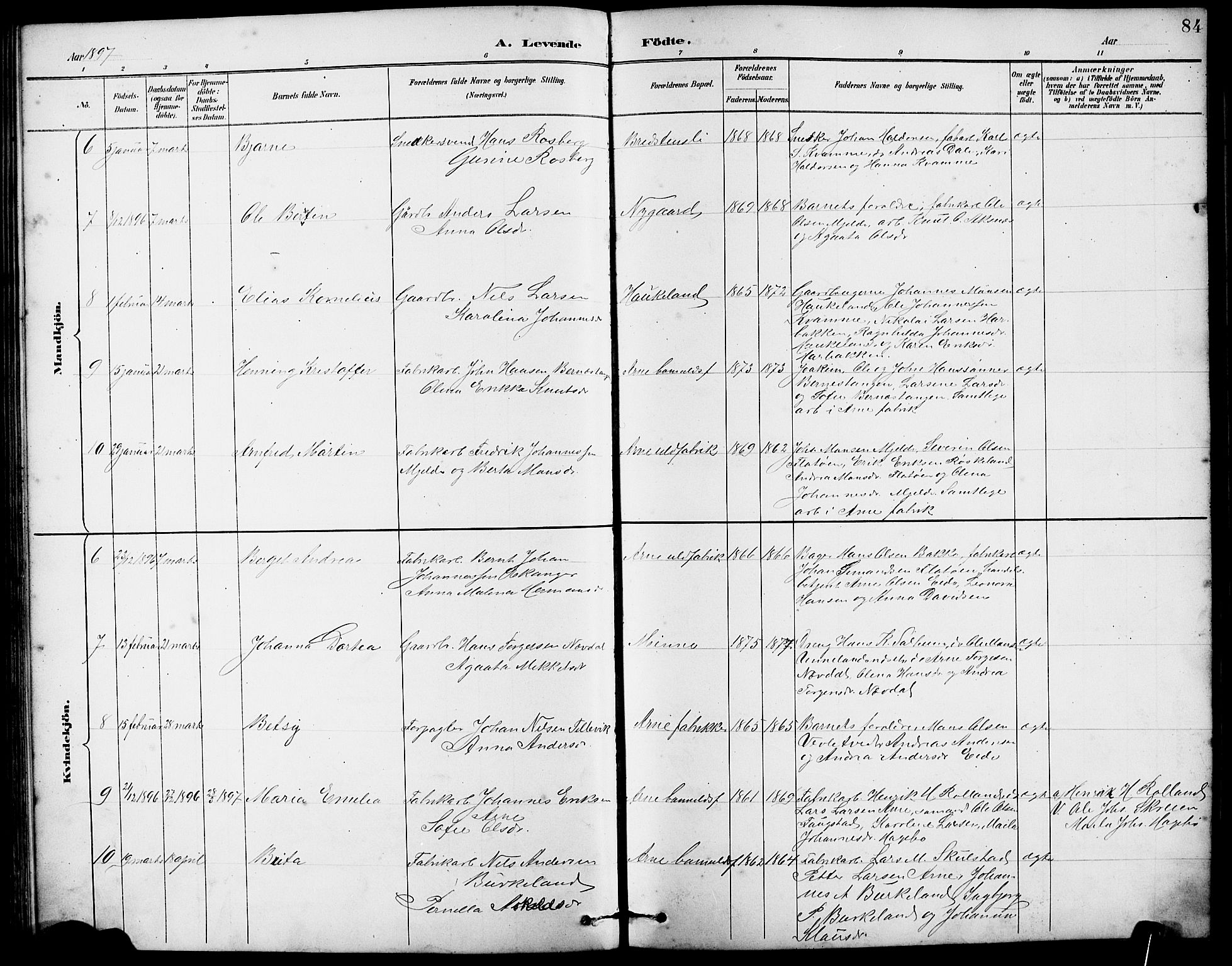 Arna Sokneprestembete, AV/SAB-A-74001/H/Ha/Hab: Parish register (copy) no. A 3, 1887-1897, p. 84