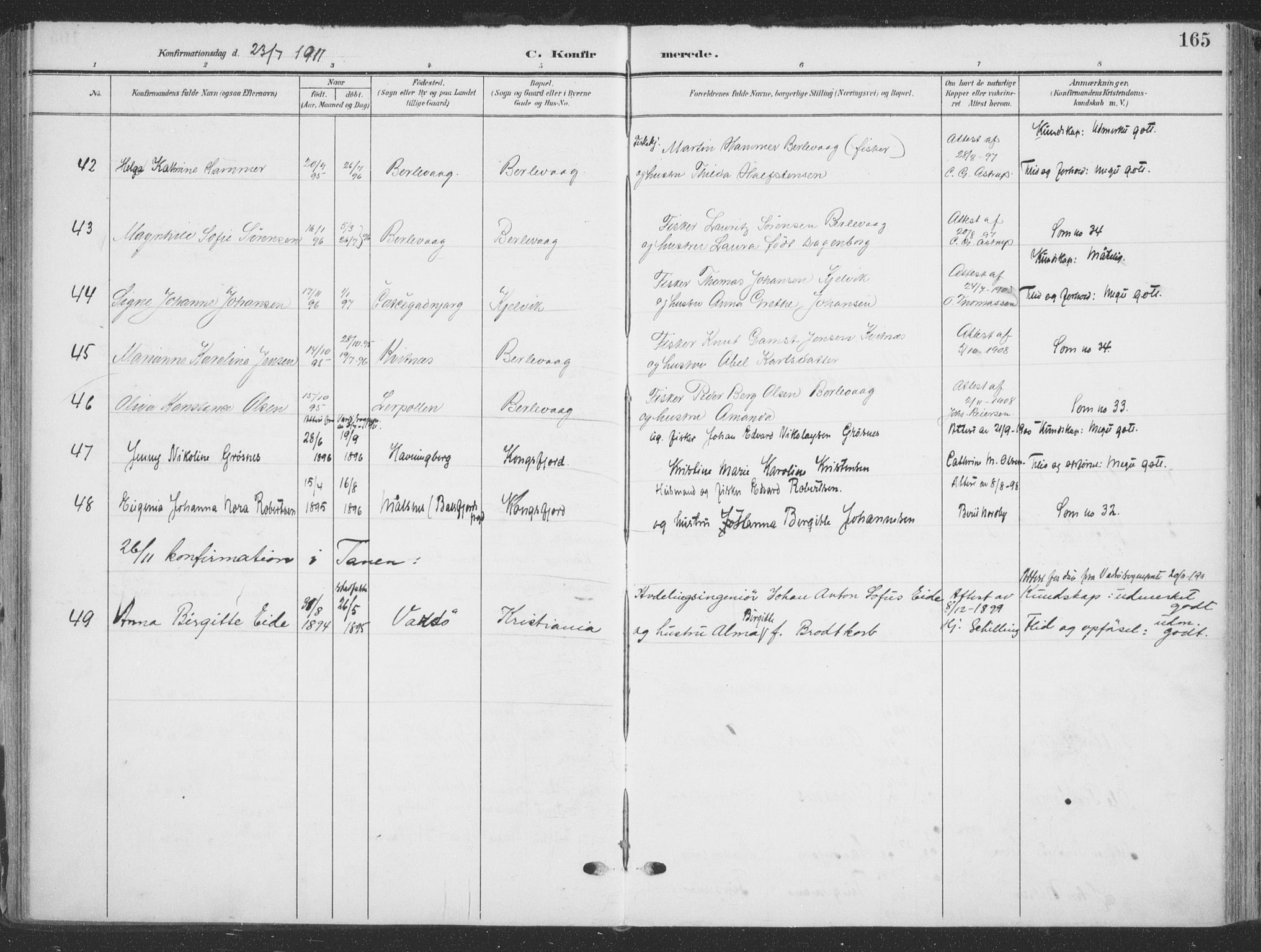 Tana sokneprestkontor, SATØ/S-1334/H/Ha/L0007kirke: Parish register (official) no. 7, 1904-1918, p. 165