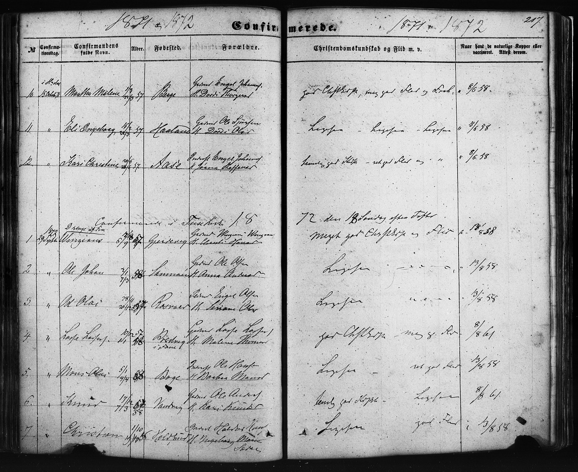 Fusa sokneprestembete, SAB/A-75401/H/Haa: Parish register (official) no. A 1I, 1855-1879, p. 217