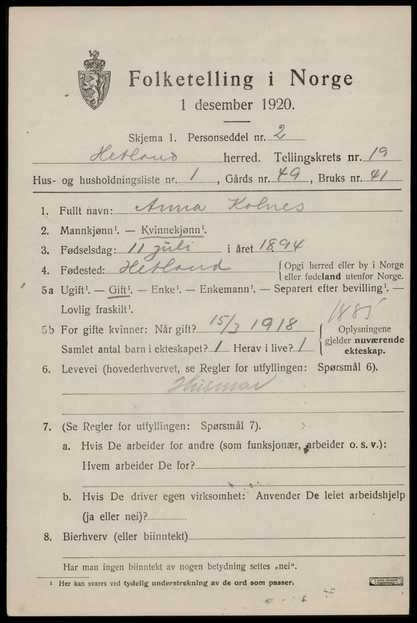 SAST, 1920 census for Hetland, 1920, p. 25697