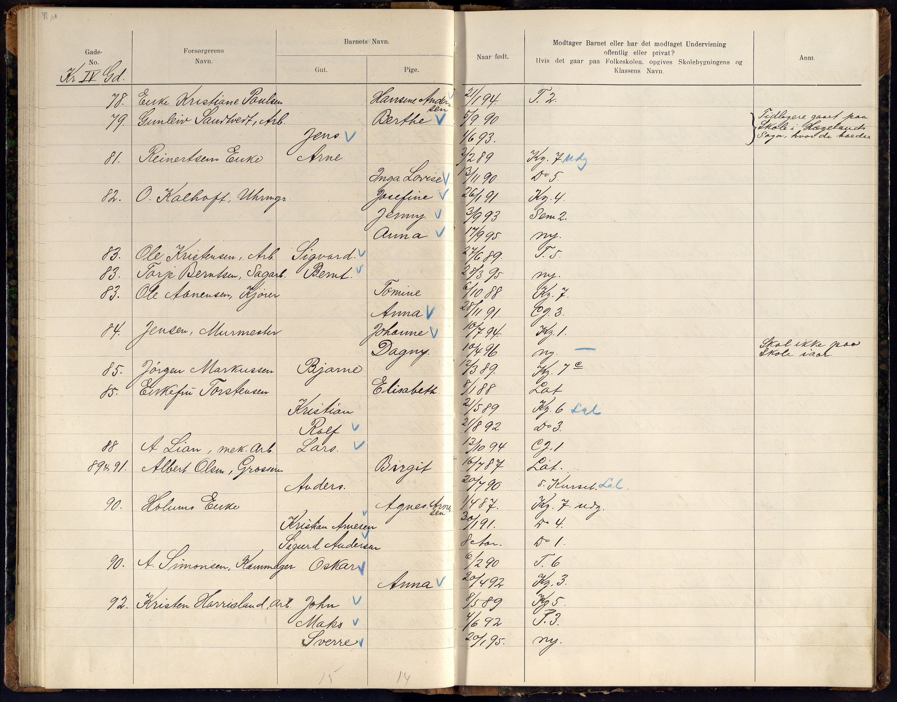 Kristiansand By - Skolekommisjonen/ -Styret, ARKSOR/1001KG510/J/Jb/L0011: Barnetelling, 1902, p. 101-102