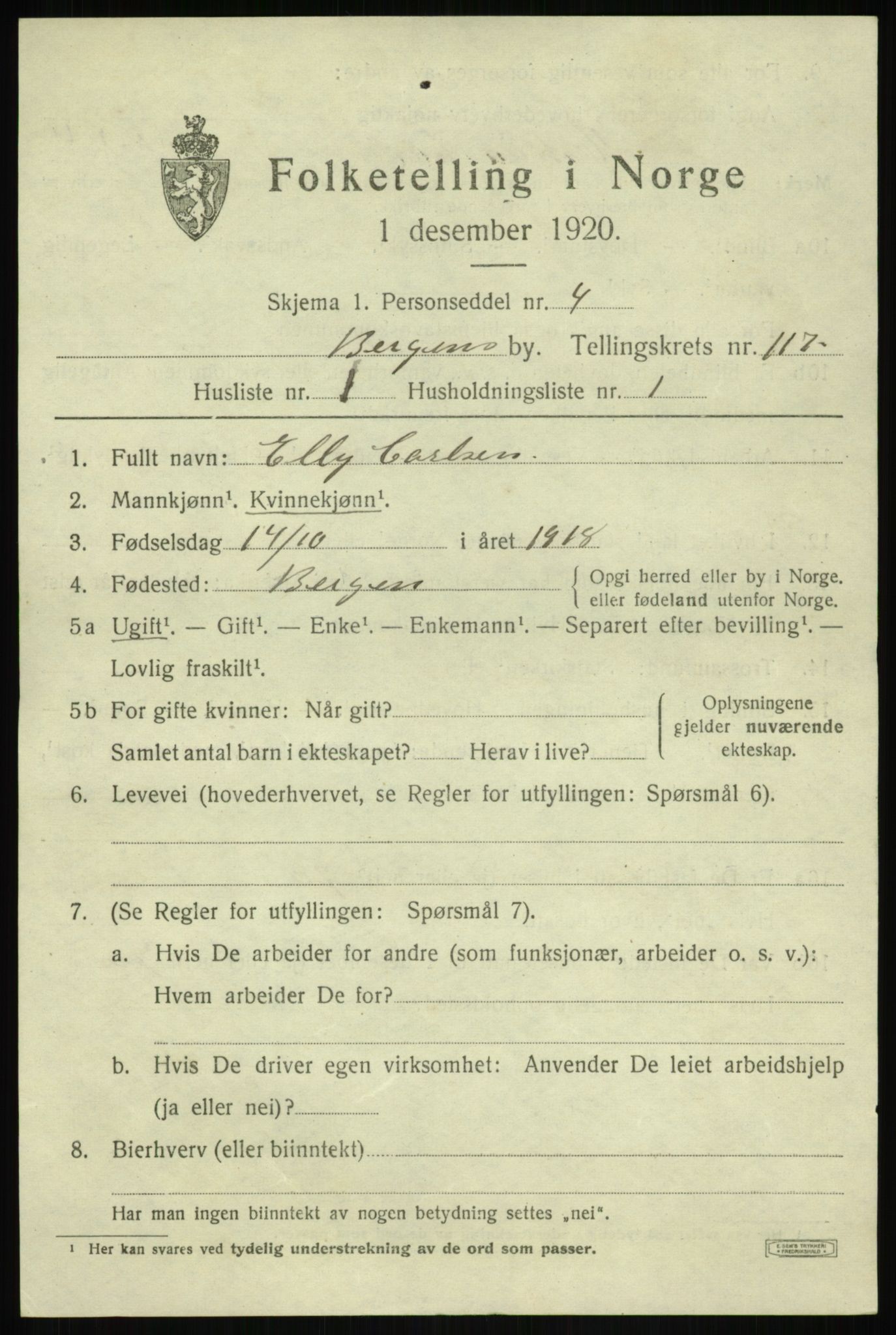 SAB, 1920 census for Bergen, 1920, p. 197747