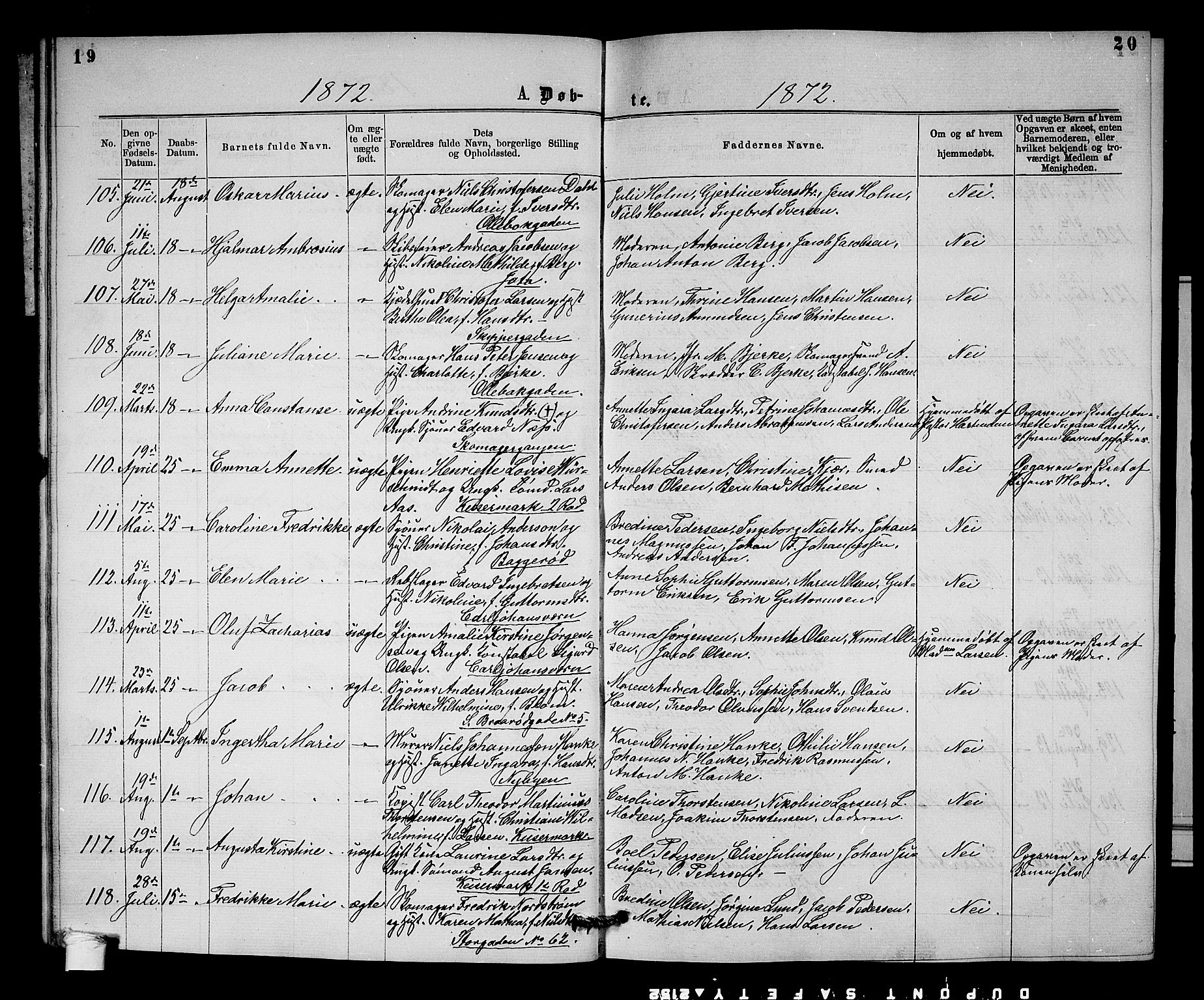 Horten kirkebøker, AV/SAKO-A-348/G/Ga/L0003: Parish register (copy) no. 3, 1872-1877, p. 19-20