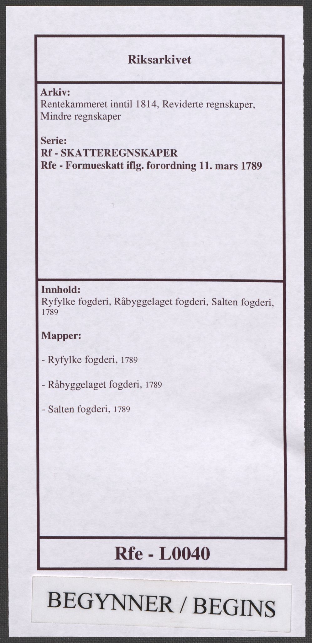 Rentekammeret inntil 1814, Reviderte regnskaper, Mindre regnskaper, AV/RA-EA-4068/Rf/Rfe/L0040: Ryfylke fogderi, Råbyggelaget fogderi, Salten fogderi, 1789, p. 1