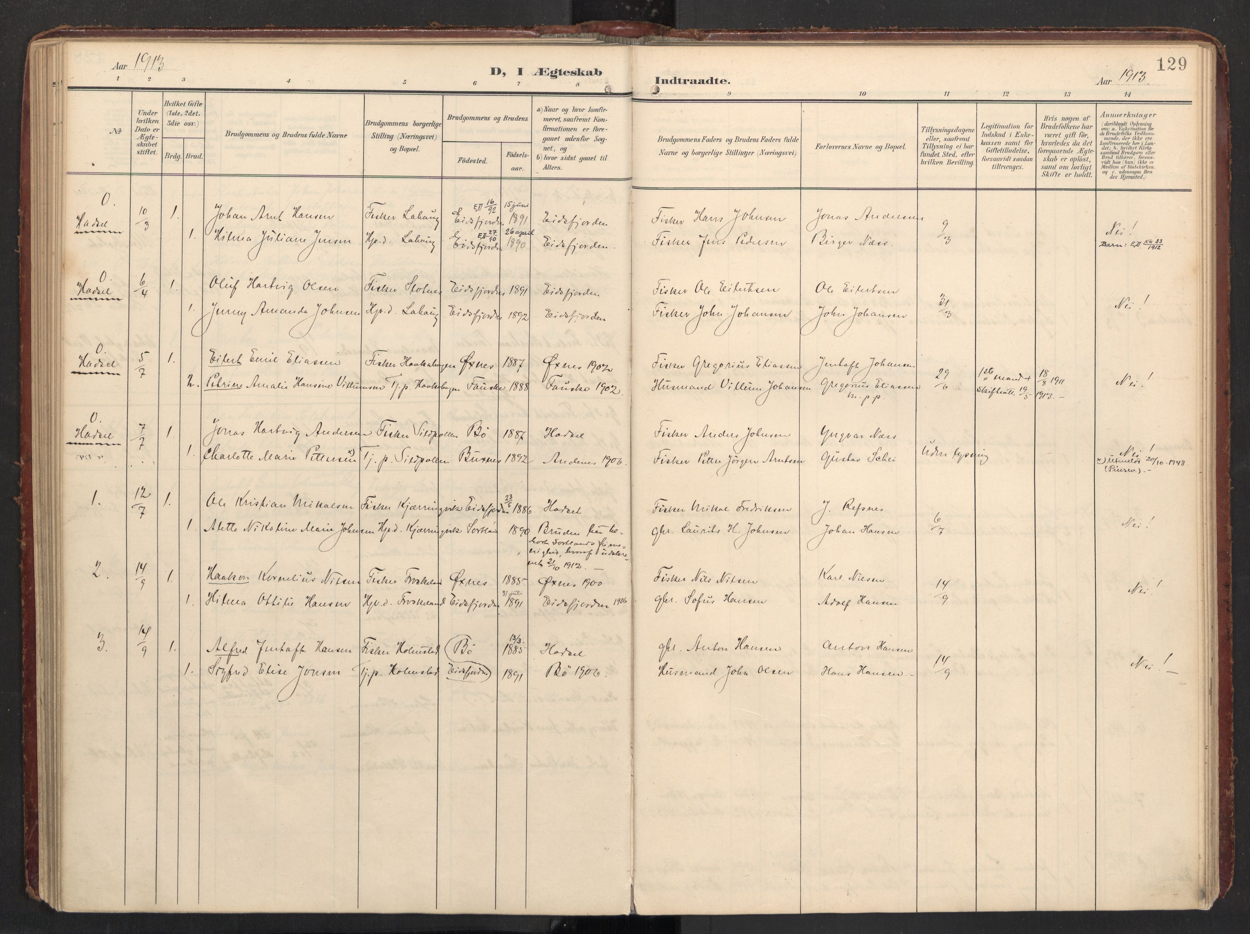 Ministerialprotokoller, klokkerbøker og fødselsregistre - Nordland, SAT/A-1459/890/L1287: Parish register (official) no. 890A02, 1903-1915, p. 129