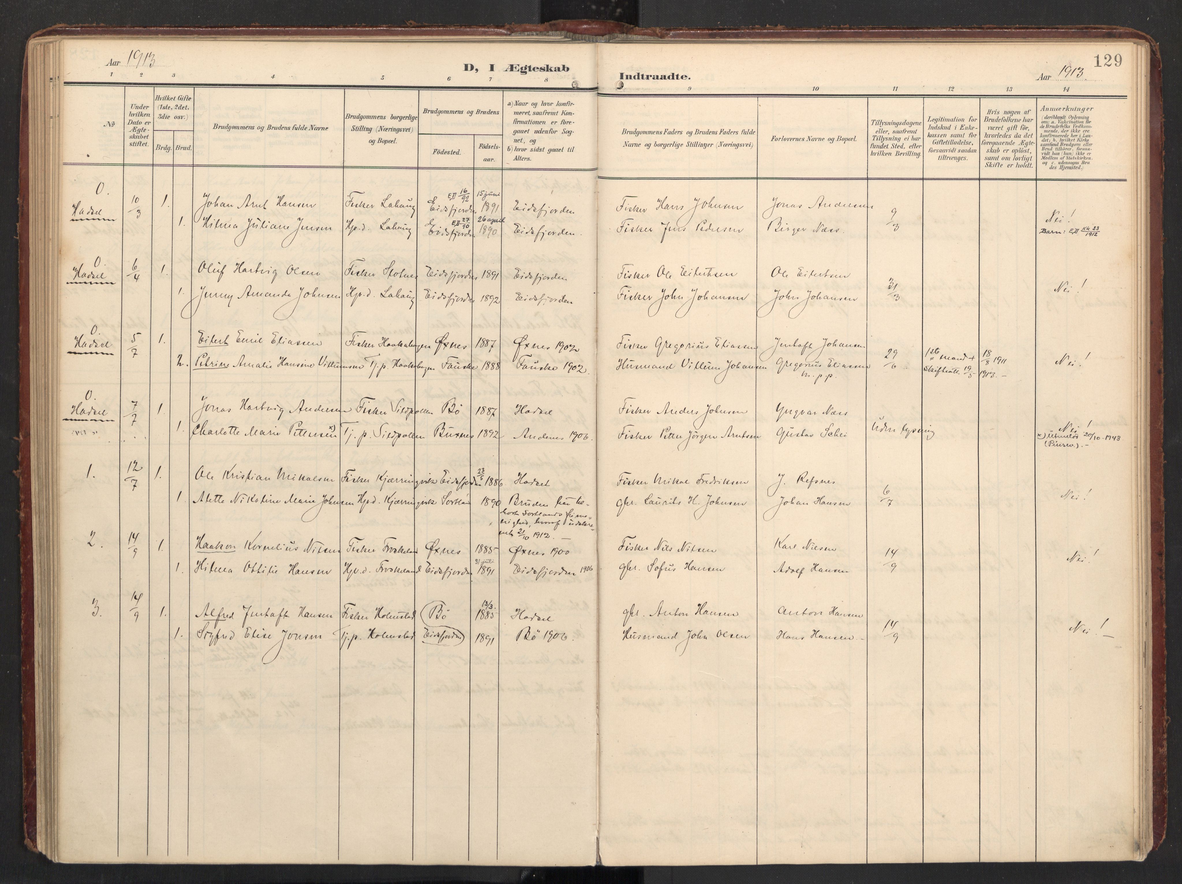 Ministerialprotokoller, klokkerbøker og fødselsregistre - Nordland, AV/SAT-A-1459/890/L1287: Parish register (official) no. 890A02, 1903-1915, p. 129