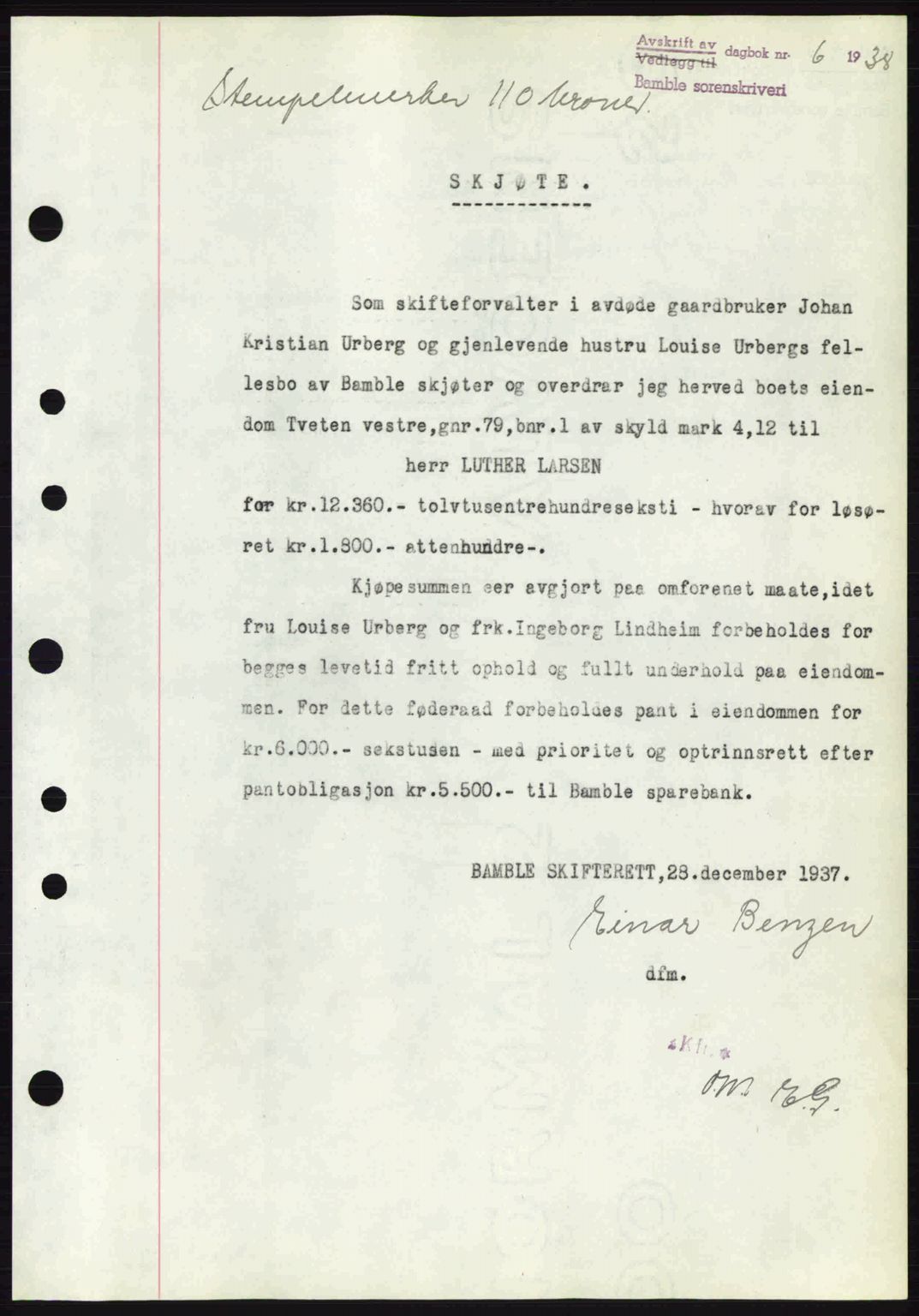 Bamble sorenskriveri, AV/SAKO-A-214/G/Ga/Gag/L0002: Mortgage book no. A-2, 1937-1938, Diary no: : 6/1938