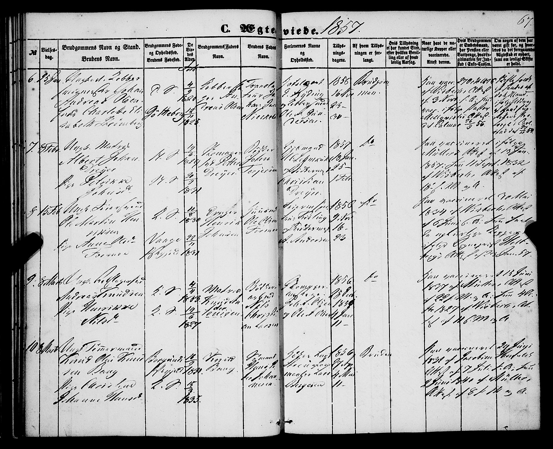 Korskirken sokneprestembete, AV/SAB-A-76101/H/Haa/L0035: Parish register (official) no. D 2, 1852-1867, p. 67