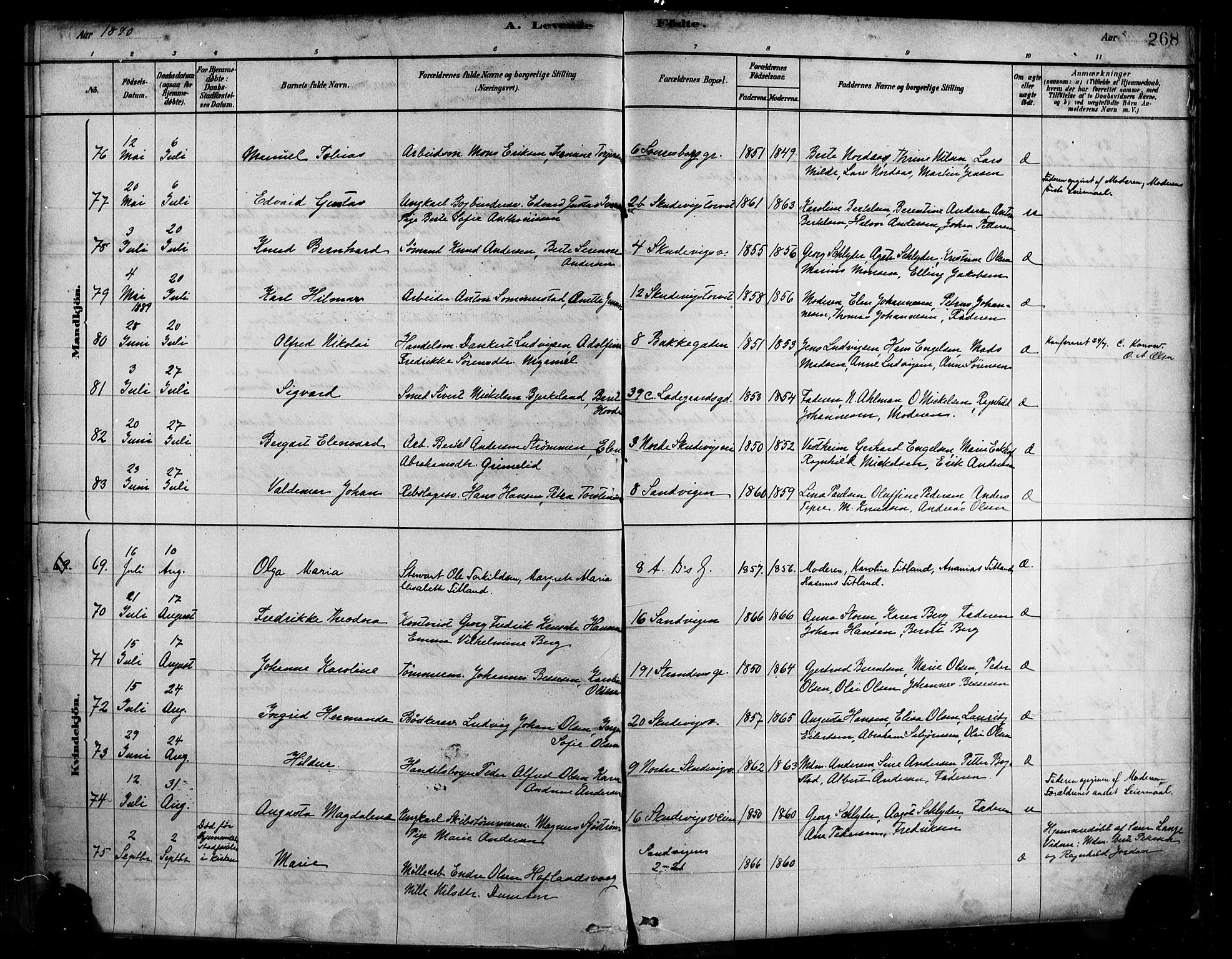 Sandviken Sokneprestembete, AV/SAB-A-77601/H/Ha/L0004: Parish register (official) no. B 1, 1878-1891, p. 268