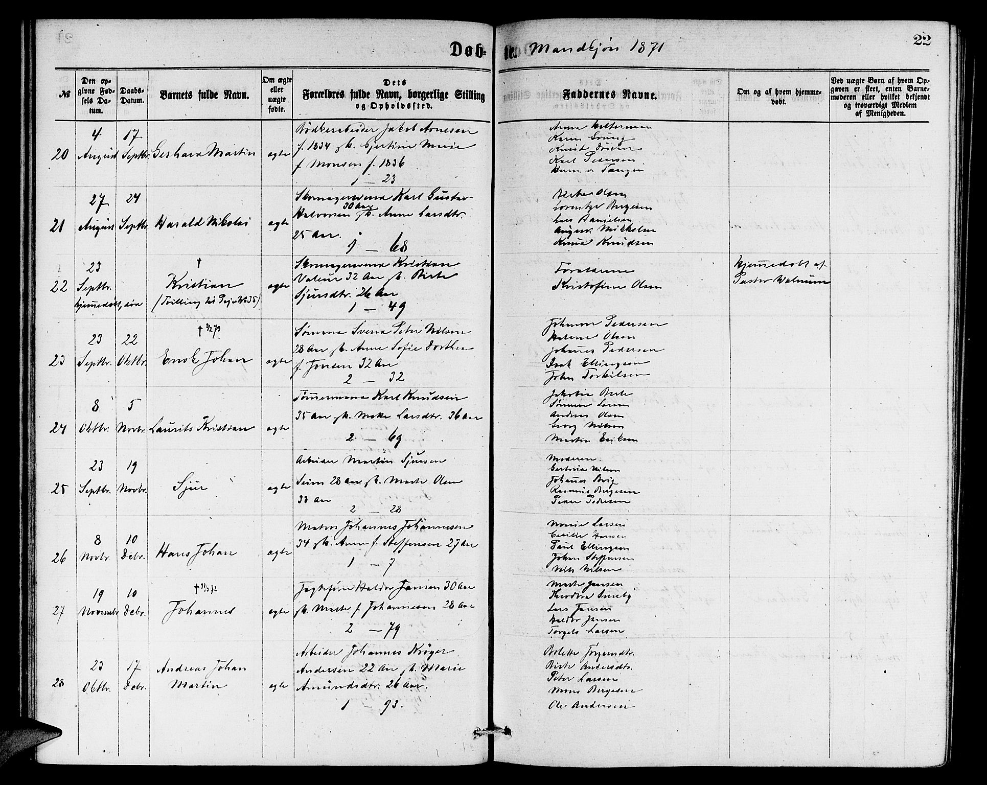 Sandviken Sokneprestembete, SAB/A-77601/H/Hb: Parish register (copy) no. A 1, 1867-1879, p. 22