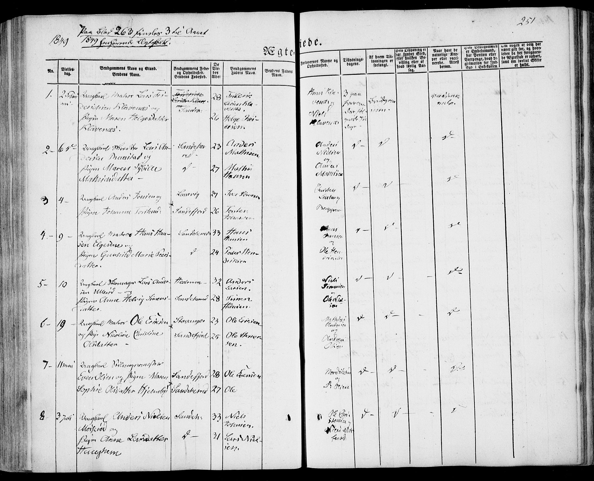 Sandar kirkebøker, SAKO/A-243/F/Fa/L0006: Parish register (official) no. 6, 1847-1860, p. 251