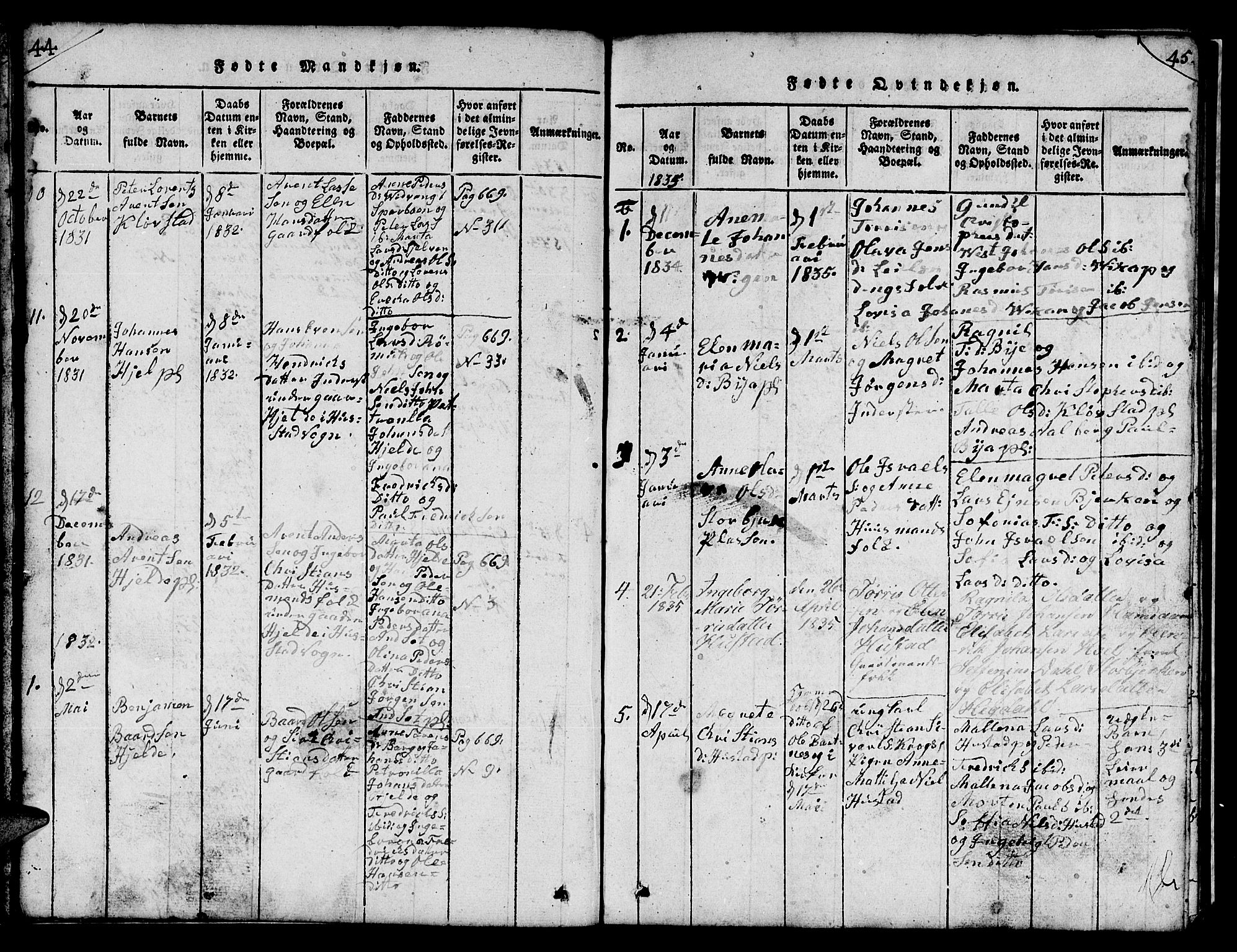 Ministerialprotokoller, klokkerbøker og fødselsregistre - Nord-Trøndelag, SAT/A-1458/732/L0317: Parish register (copy) no. 732C01, 1816-1881, p. 44-45