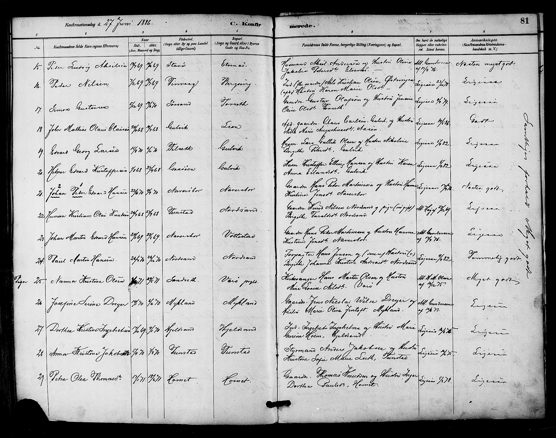 Ministerialprotokoller, klokkerbøker og fødselsregistre - Nordland, AV/SAT-A-1459/893/L1337: Parish register (official) no. 893A09, 1885-1893, p. 81