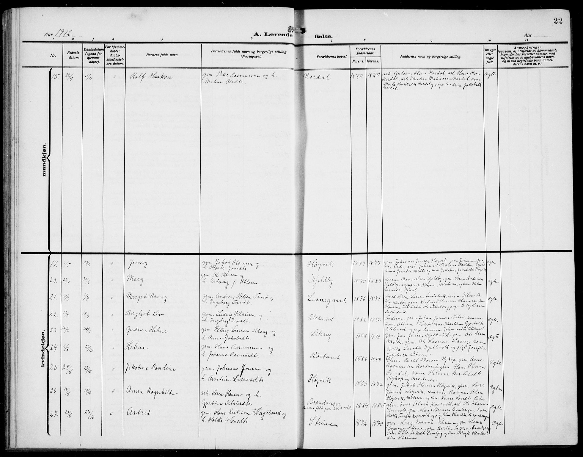 Gulen sokneprestembete, AV/SAB-A-80201/H/Hab/Habb/L0004: Parish register (copy) no. B 4, 1908-1936, p. 22