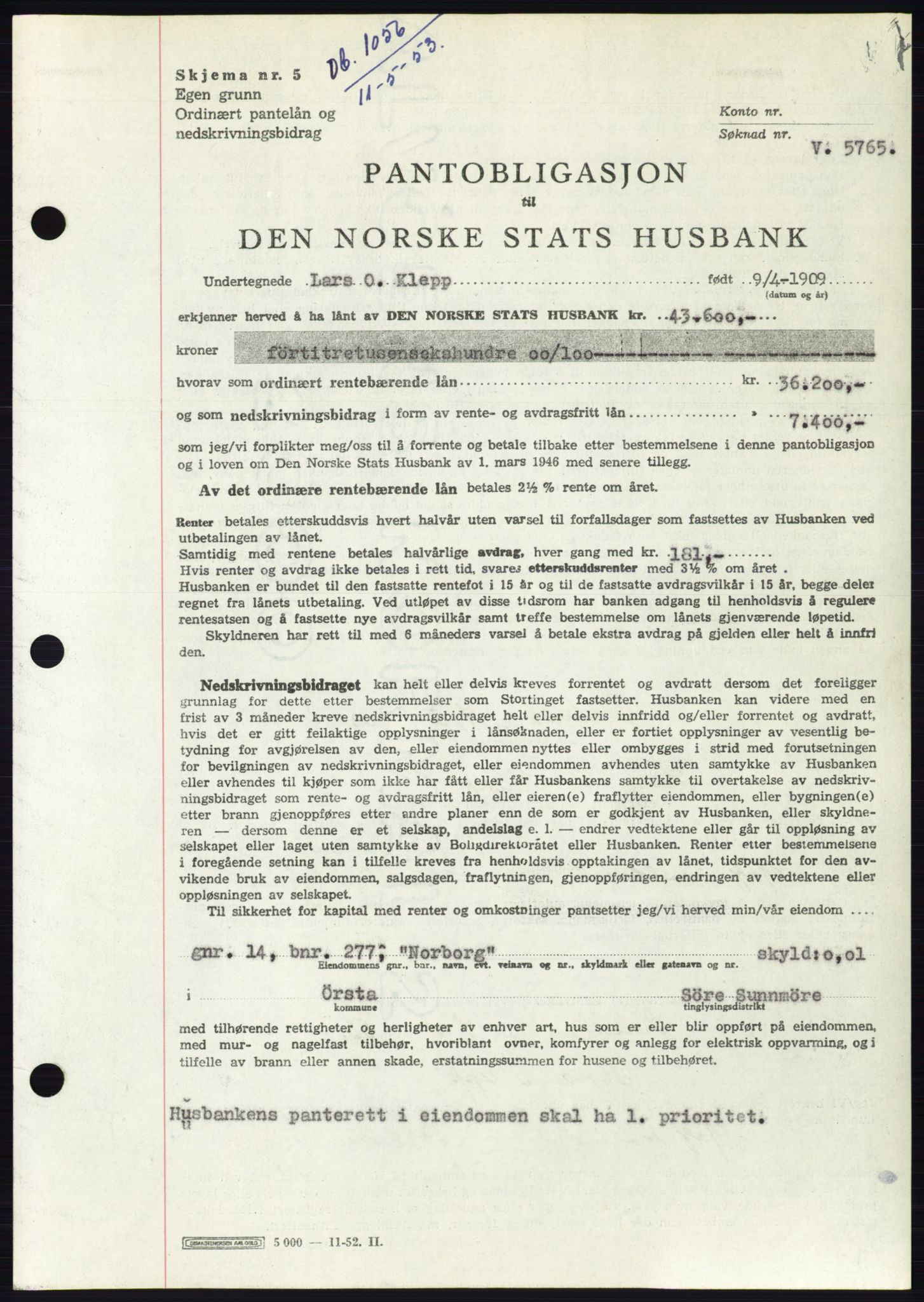 Søre Sunnmøre sorenskriveri, AV/SAT-A-4122/1/2/2C/L0123: Mortgage book no. 11B, 1953-1953, Diary no: : 1056/1953