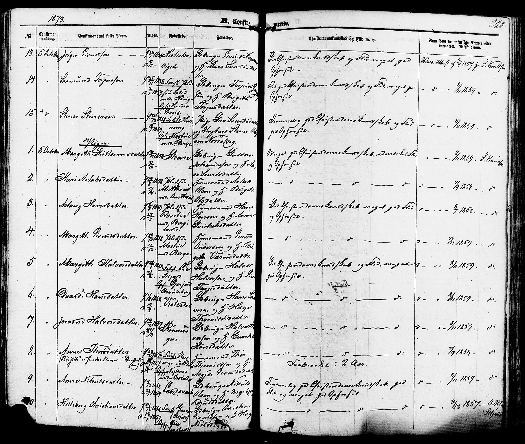 Kviteseid kirkebøker, SAKO/A-276/F/Fa/L0007: Parish register (official) no. I 7, 1859-1881, p. 328