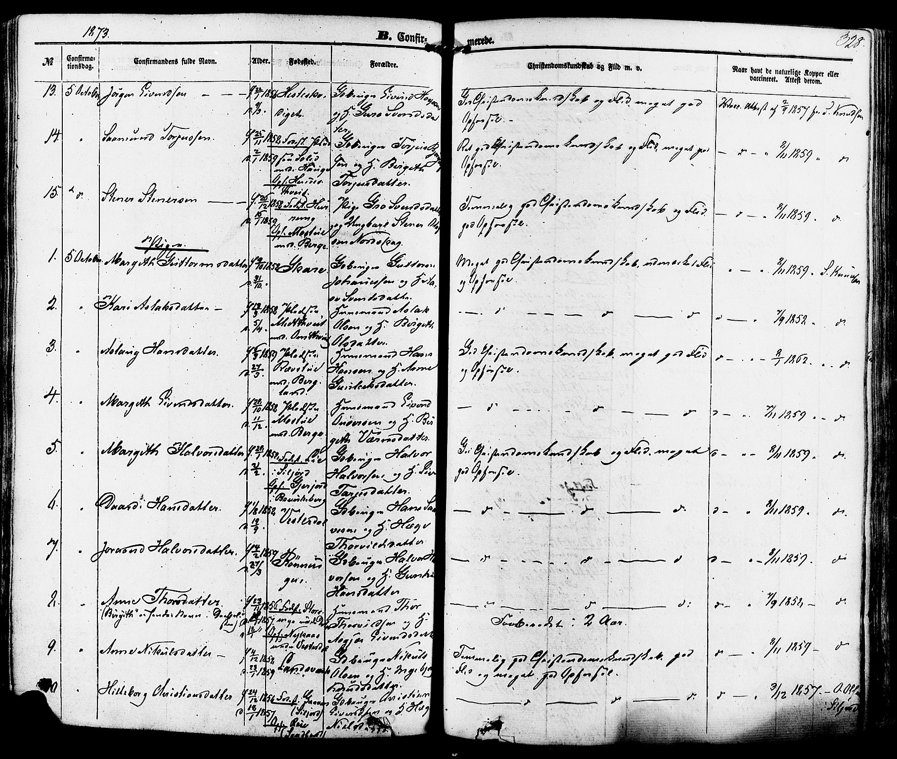 Kviteseid kirkebøker, AV/SAKO-A-276/F/Fa/L0007: Parish register (official) no. I 7, 1859-1881, p. 328