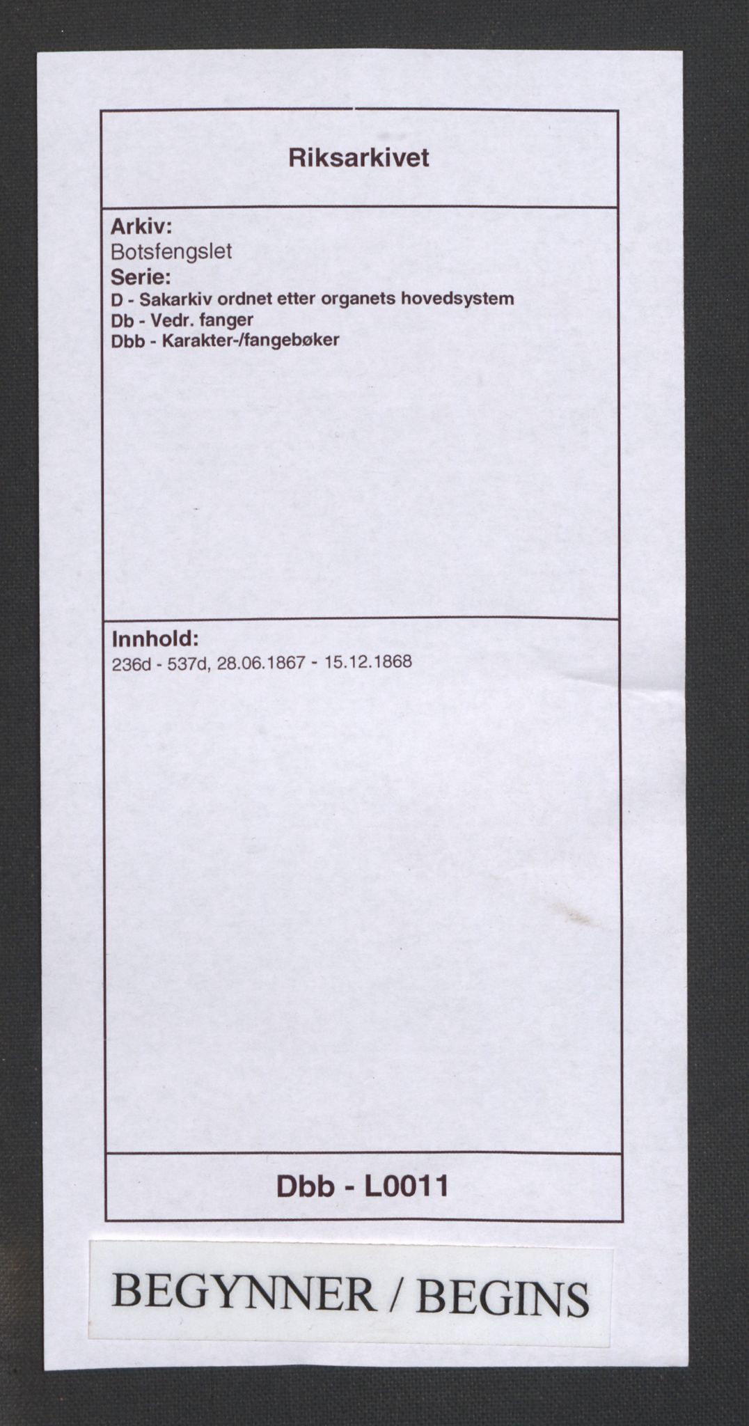 Botsfengslet, RA/S-1539/D/Db/Dbb/L0011: 236d - 537d, 1867-1868