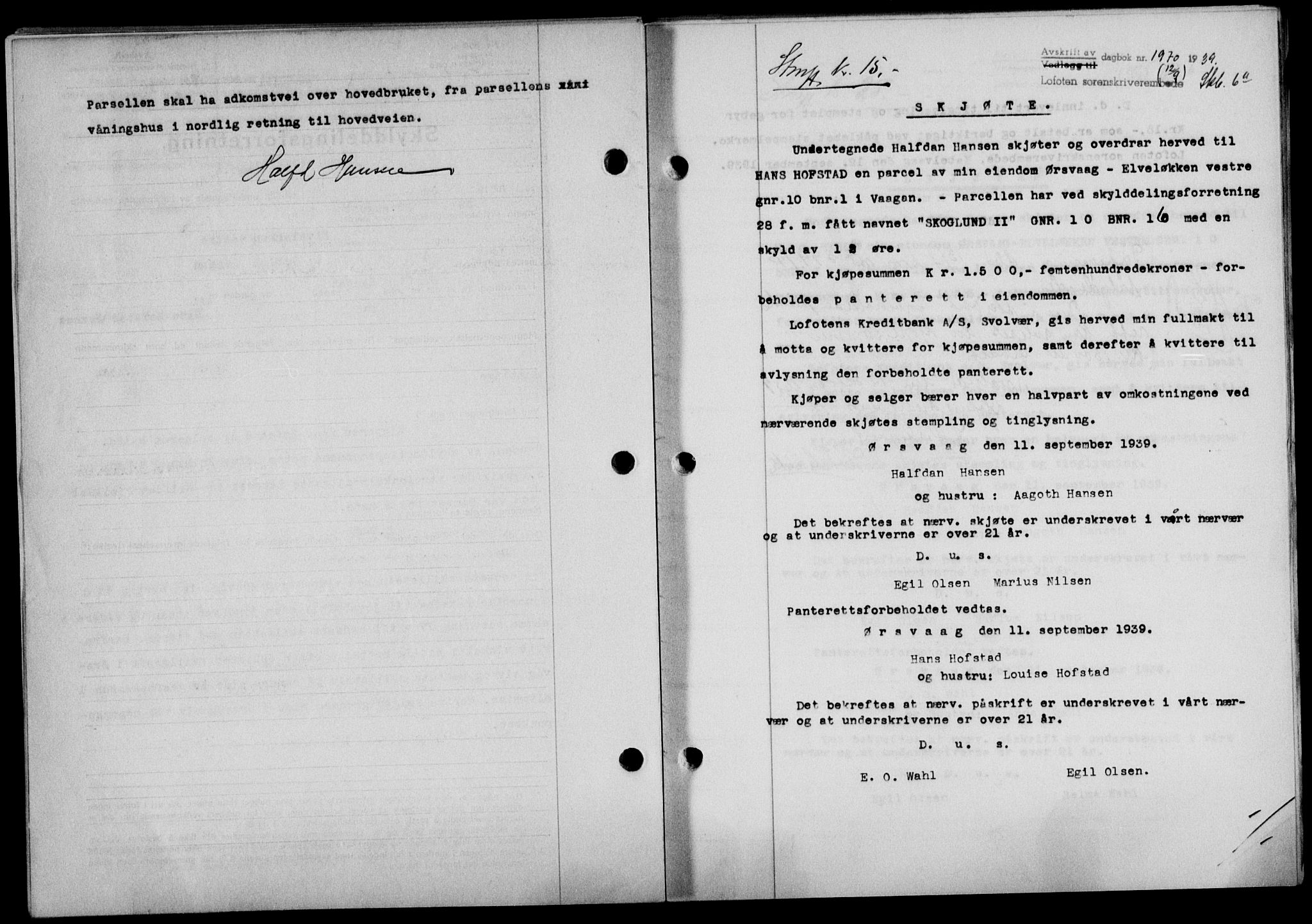 Lofoten sorenskriveri, SAT/A-0017/1/2/2C/L0006a: Mortgage book no. 6a, 1939-1939, Diary no: : 1970/1939