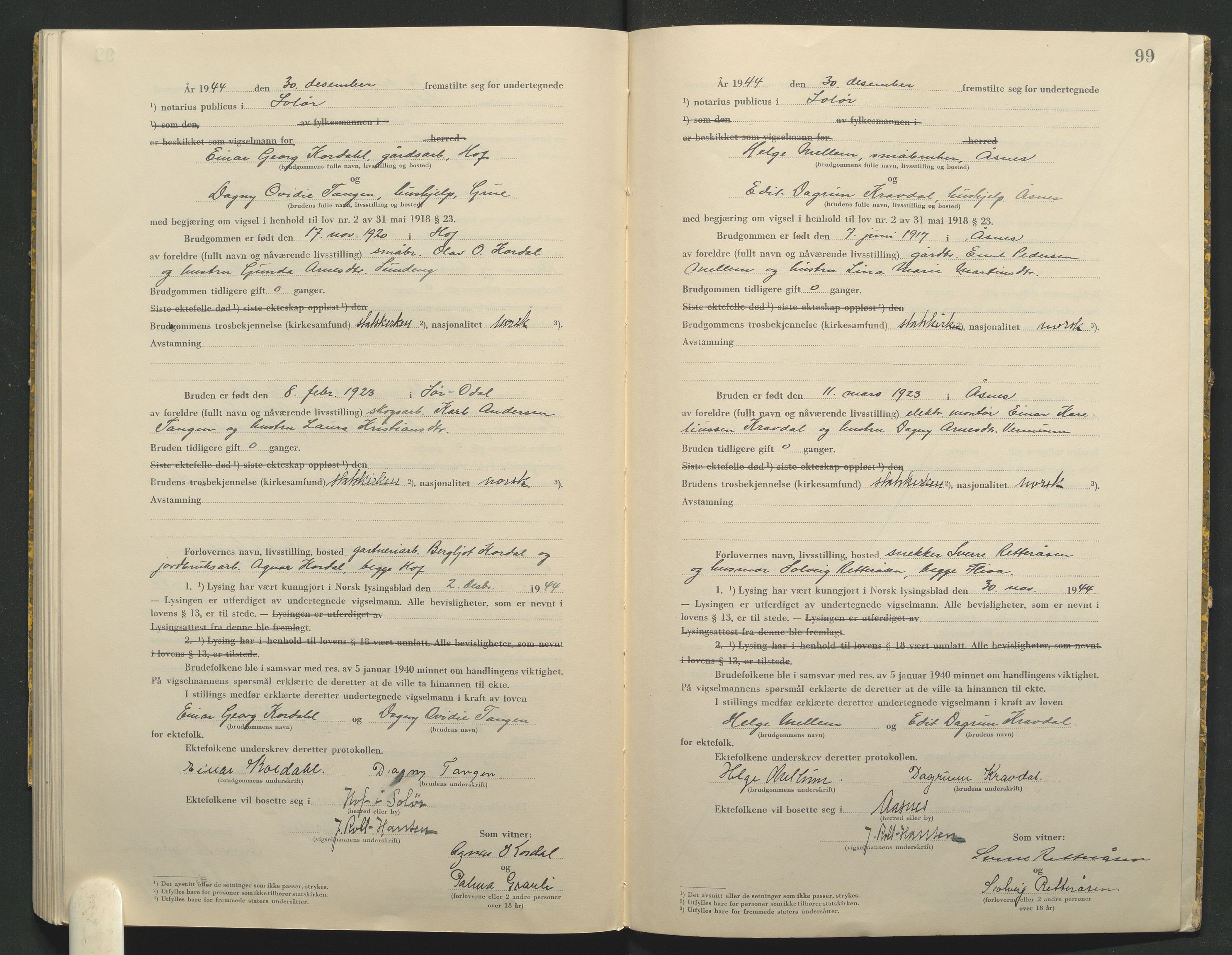 Solør tingrett, AV/SAH-TING-008/L/Lb/L0002: Vigselprotokoll, 1943-1944, p. 99