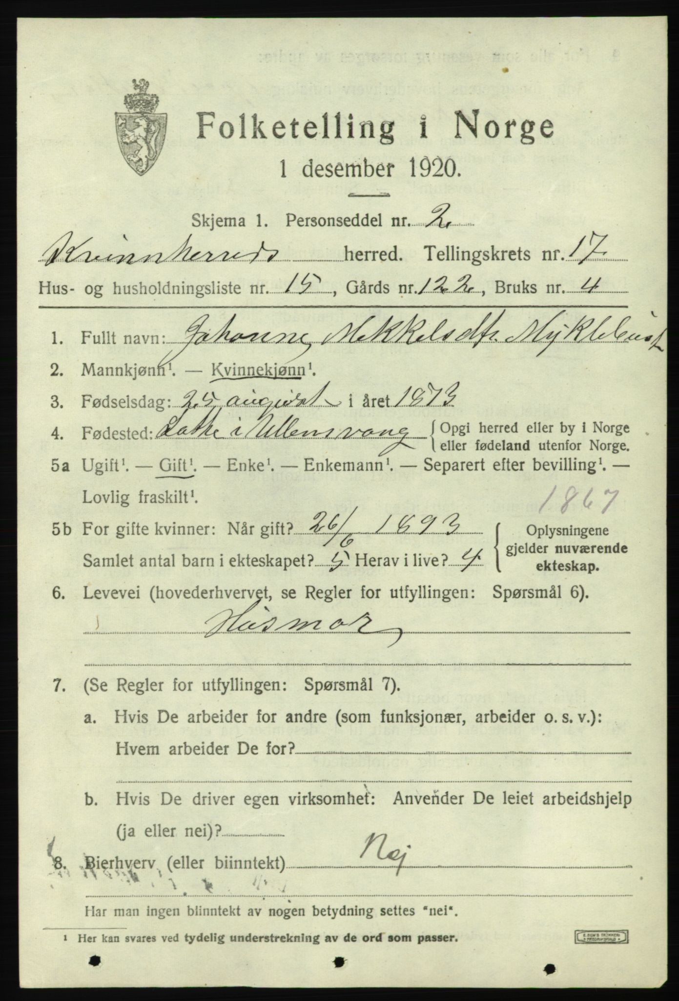 SAB, 1920 census for Kvinnherad, 1920, p. 10620