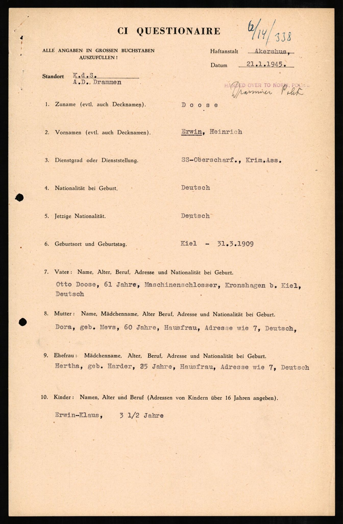 Forsvaret, Forsvarets overkommando II, AV/RA-RAFA-3915/D/Db/L0006: CI Questionaires. Tyske okkupasjonsstyrker i Norge. Tyskere., 1945-1946, p. 146