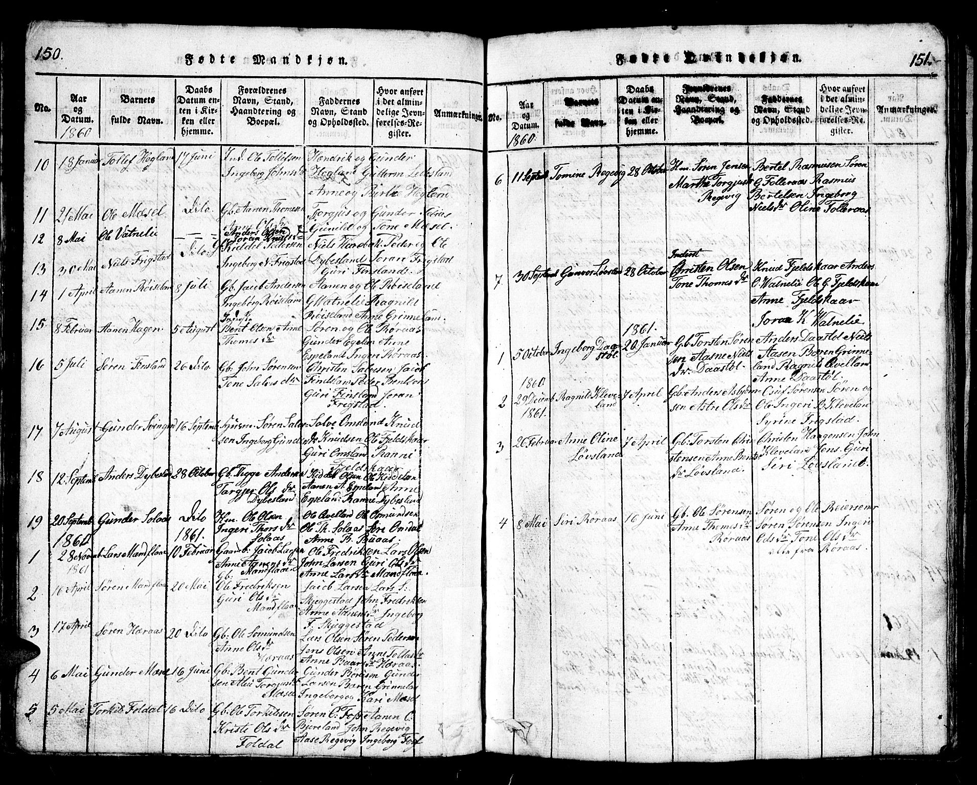 Bjelland sokneprestkontor, SAK/1111-0005/F/Fb/Fbb/L0003: Parish register (copy) no. B 3, 1816-1868, p. 150-151