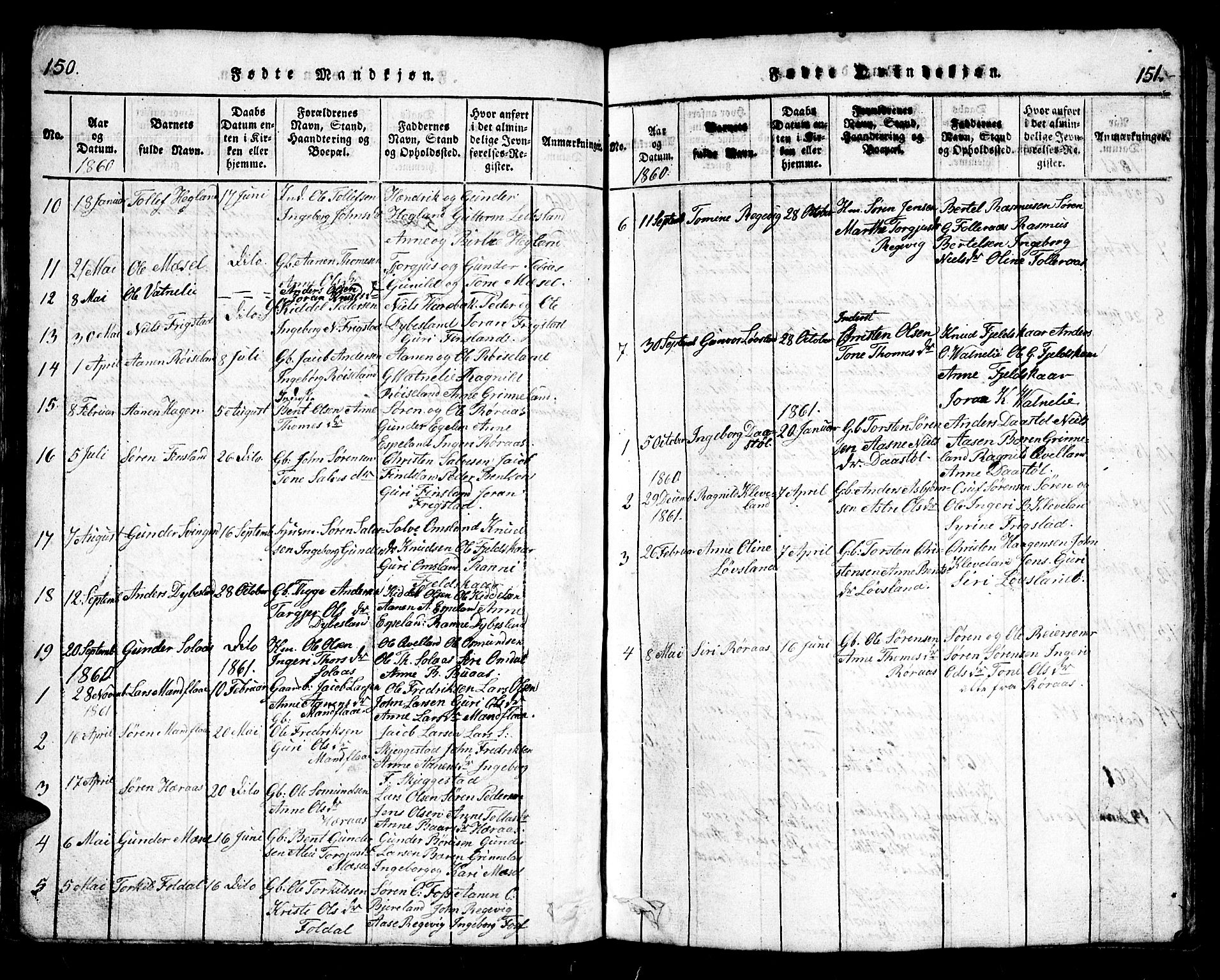 Bjelland sokneprestkontor, AV/SAK-1111-0005/F/Fb/Fbb/L0003: Parish register (copy) no. B 3, 1816-1868, p. 150-151