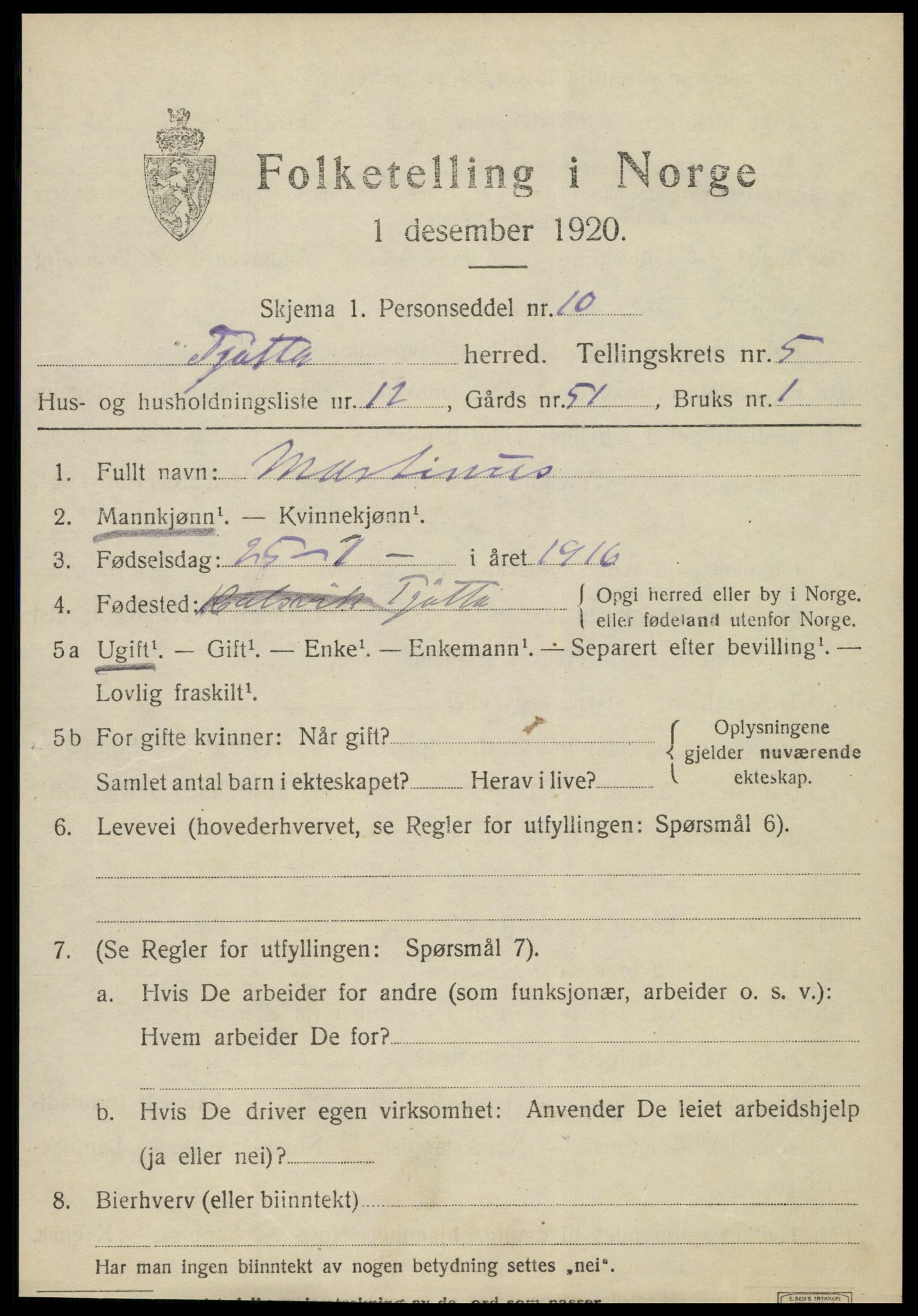 SAT, 1920 census for Tjøtta, 1920, p. 2155