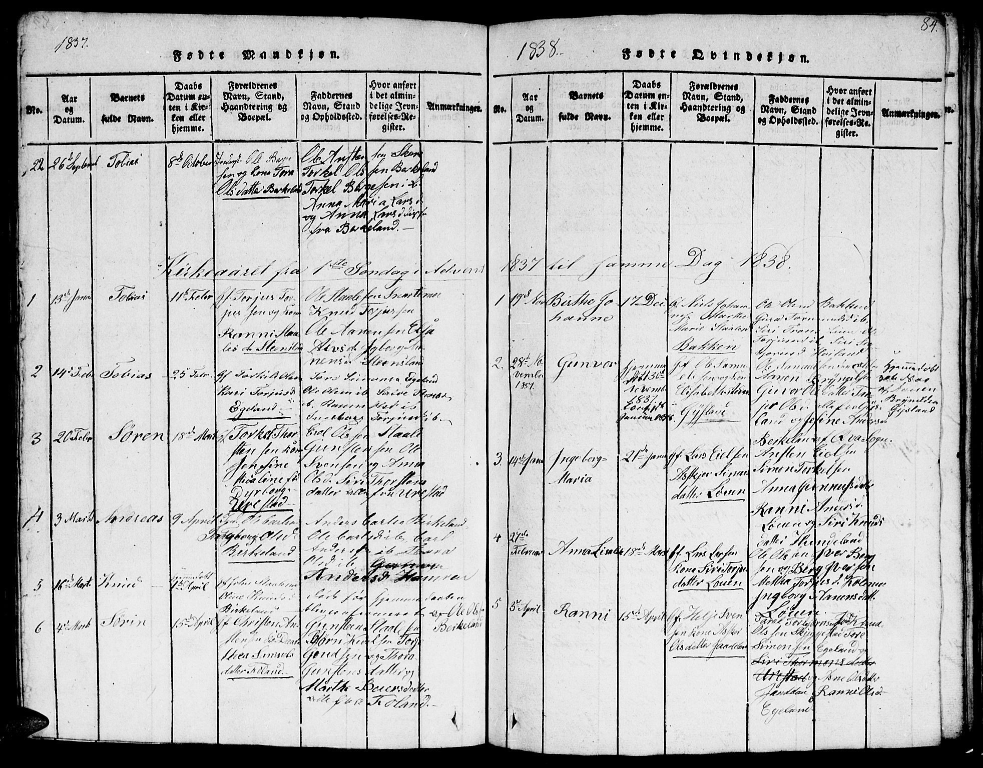 Hægebostad sokneprestkontor, AV/SAK-1111-0024/F/Fb/Fba/L0001: Parish register (copy) no. B 1, 1815-1844, p. 84